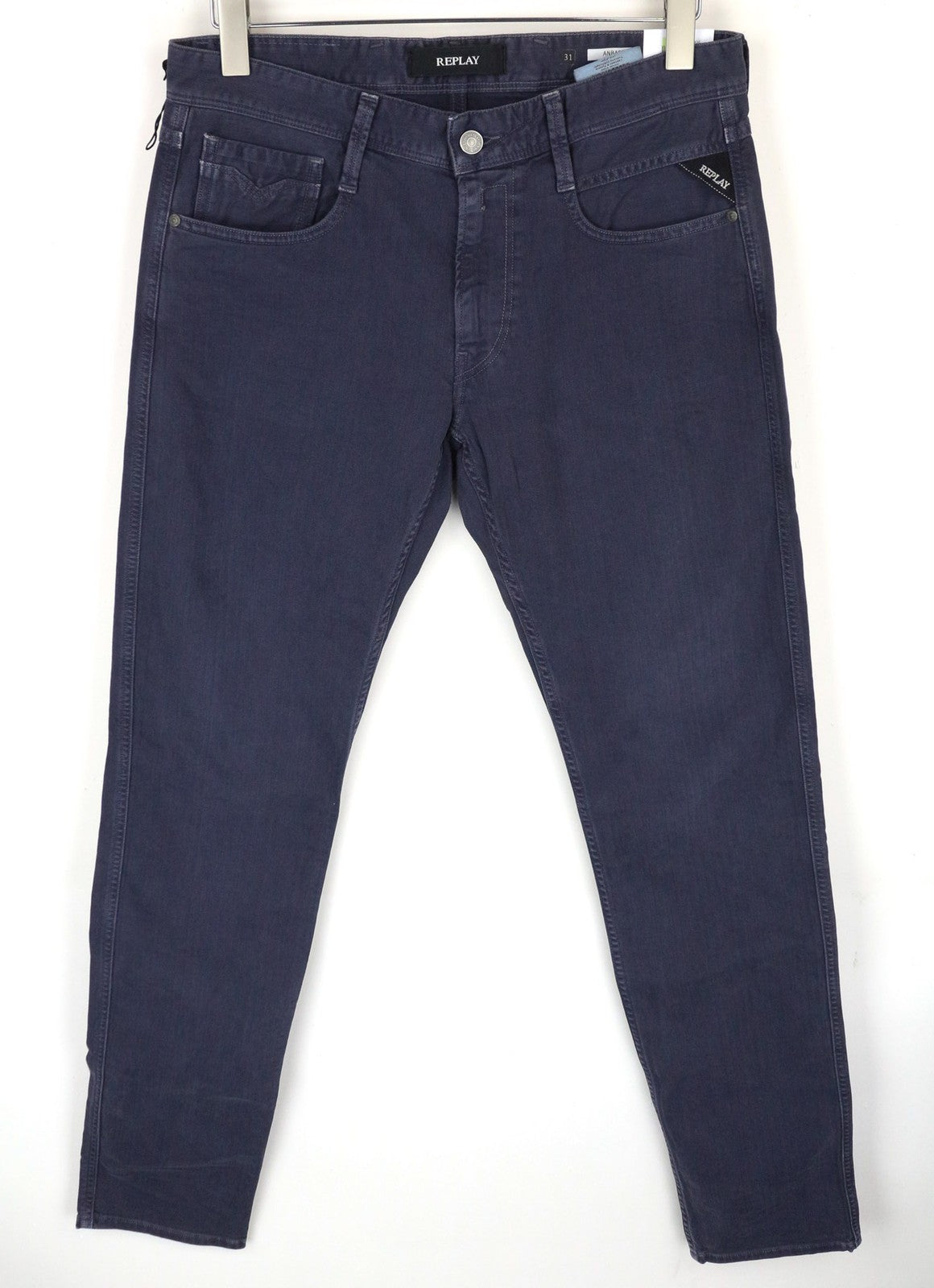 REPLAY Anbass vyriški tamsiai mėlyni ploni džinsai W31/L34 tamprūs medvilniniai klasikiniai džinsai su 5 kišenėmis 