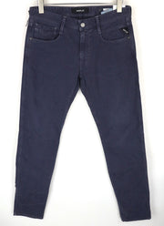 REPLAY Anbass vyriški tamsiai mėlyni ploni džinsai W31/L34 tamprūs medvilniniai klasikiniai džinsai su 5 kišenėmis 