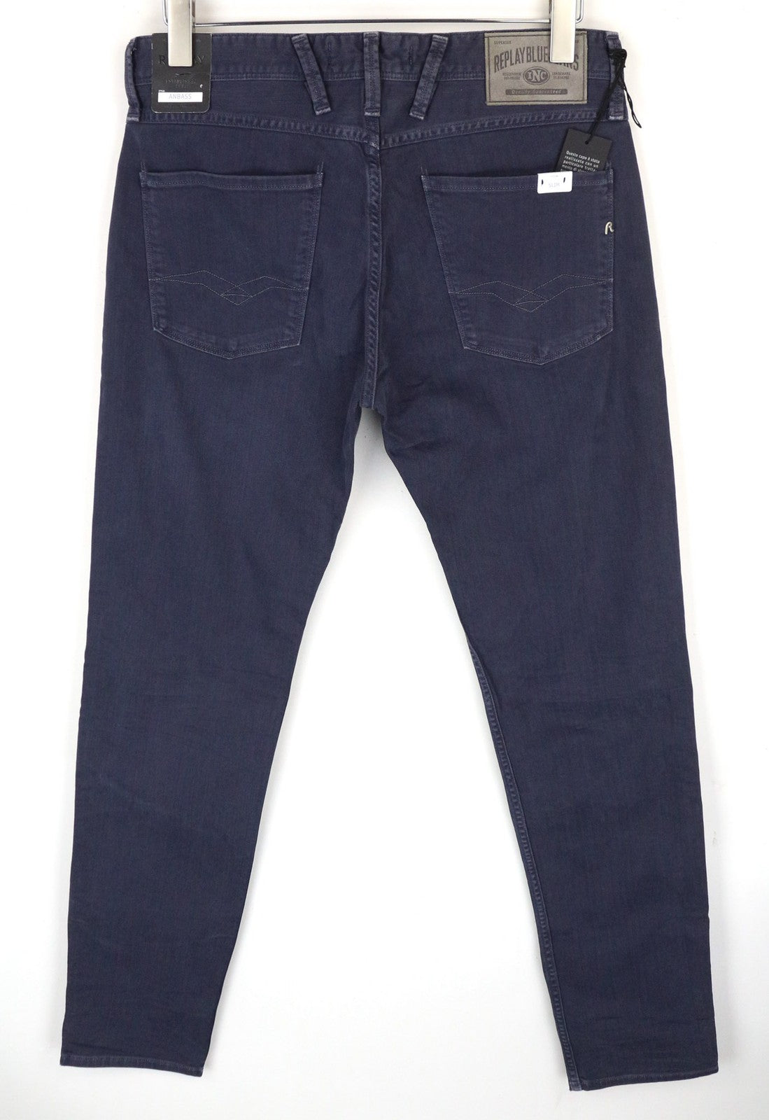 REPLAY Anbass vyriški tamsiai mėlyni ploni džinsai W31/L34 tamprūs medvilniniai klasikiniai džinsai su 5 kišenėmis 