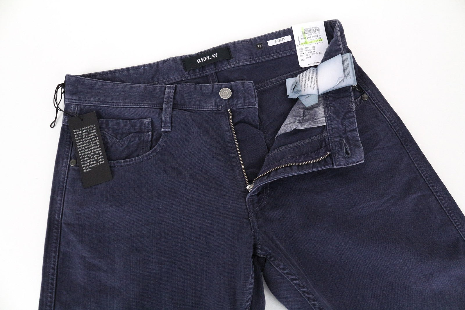 REPLAY Anbass vyriški tamsiai mėlyni ploni džinsai W31/L34 tamprūs medvilniniai klasikiniai džinsai su 5 kišenėmis 
