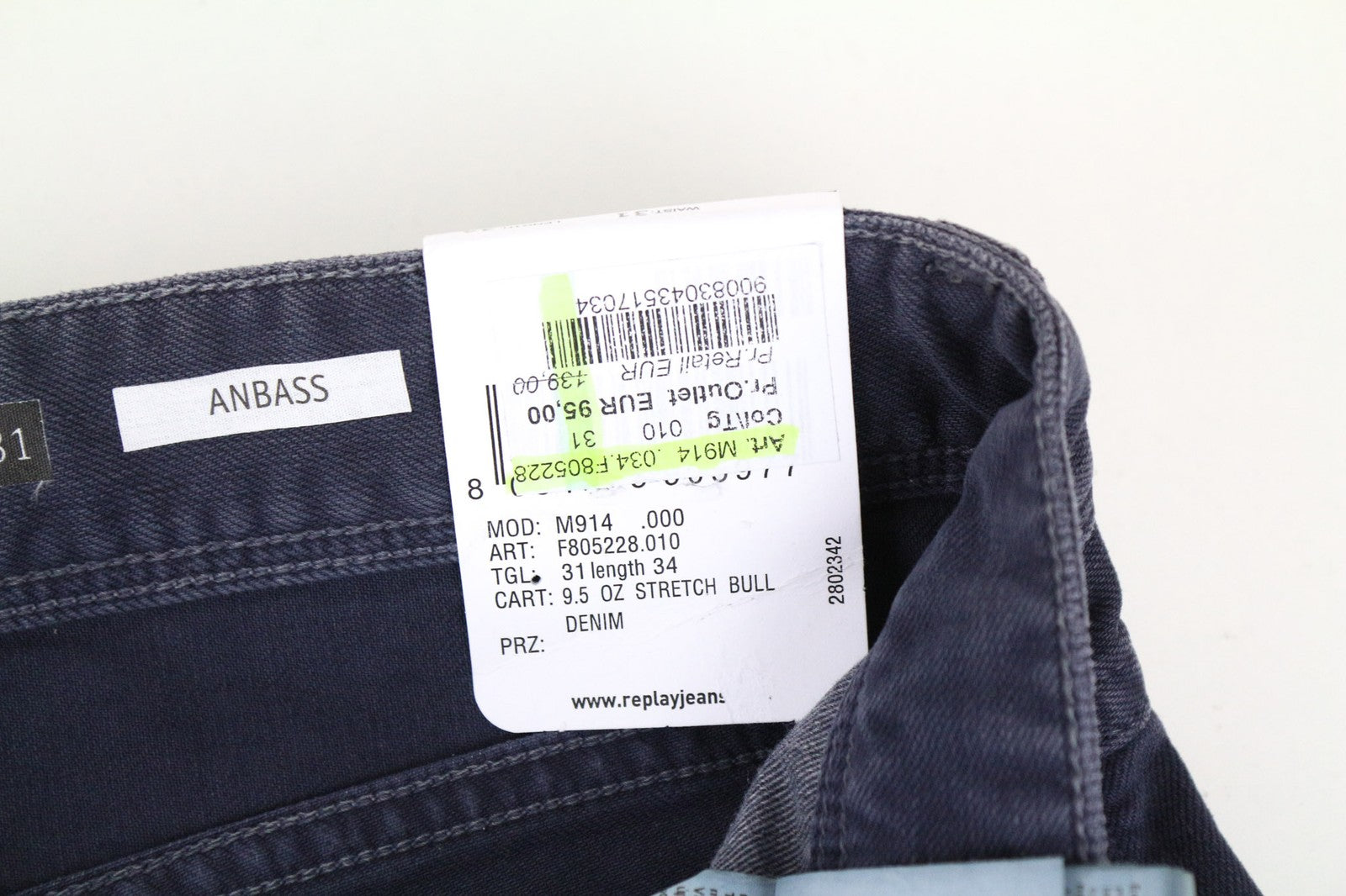 REPLAY Anbass vyriški tamsiai mėlyni ploni džinsai W31/L34 tamprūs medvilniniai klasikiniai džinsai su 5 kišenėmis 