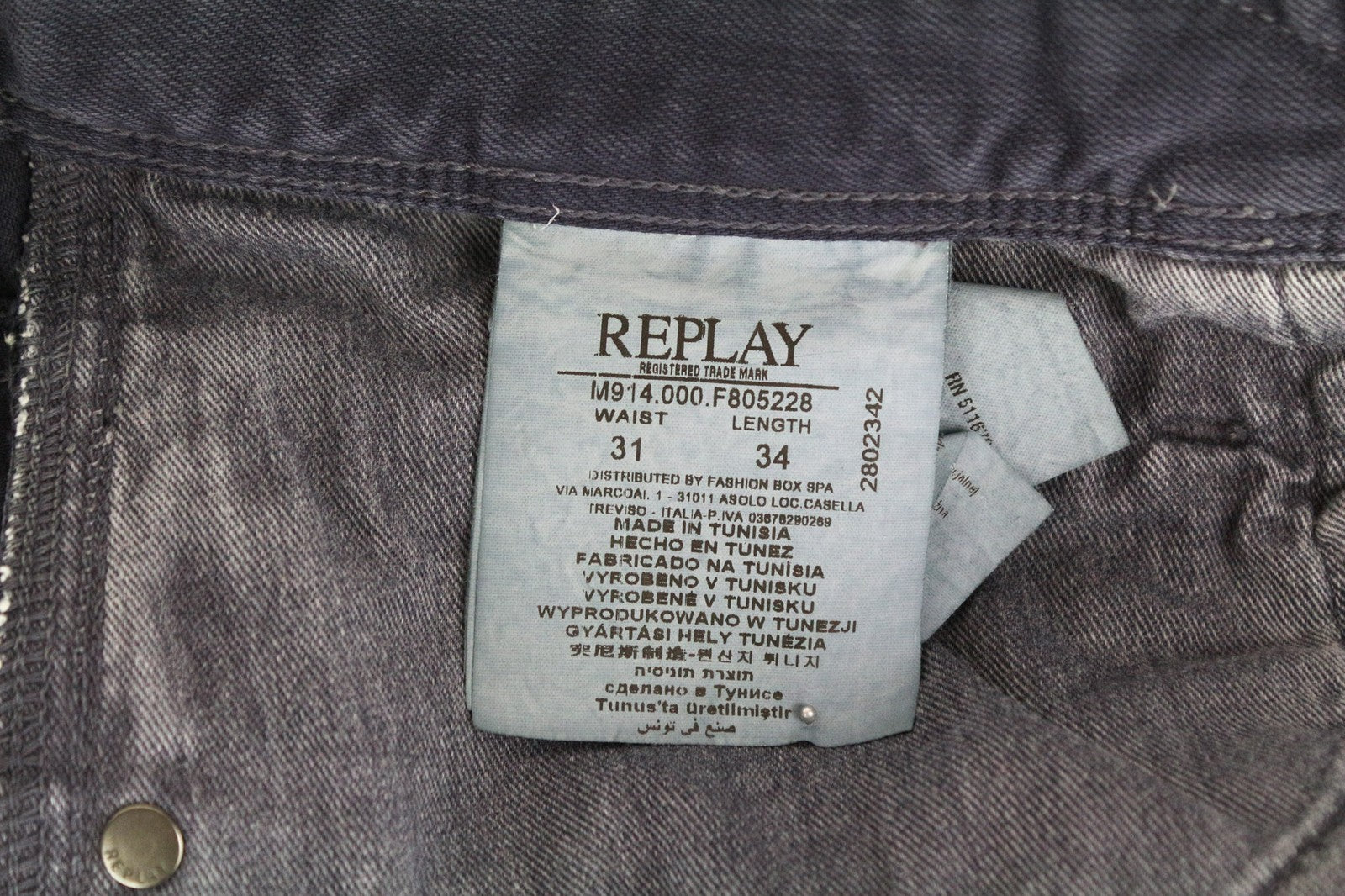 REPLAY Anbass vyriški tamsiai mėlyni ploni džinsai W31/L34 tamprūs medvilniniai klasikiniai džinsai su 5 kišenėmis 