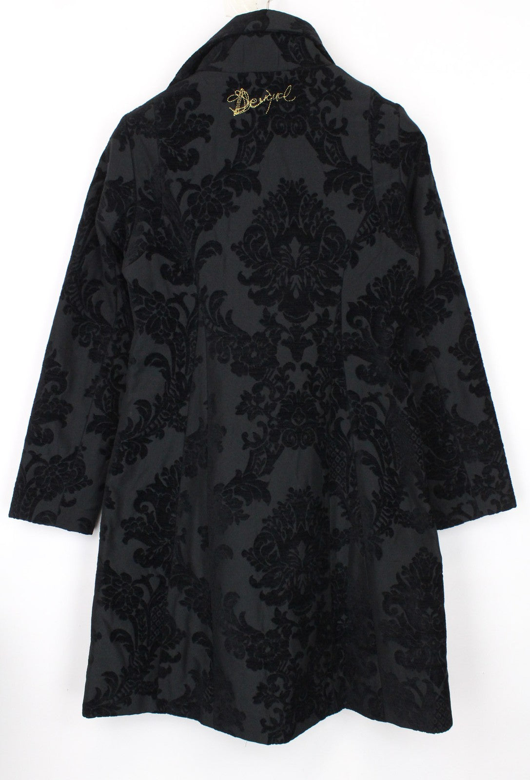 DESIGUAL Dable moteriškas juodas paltas EU38 žakardo dizainerio vidutinio ilgio raštuotas 