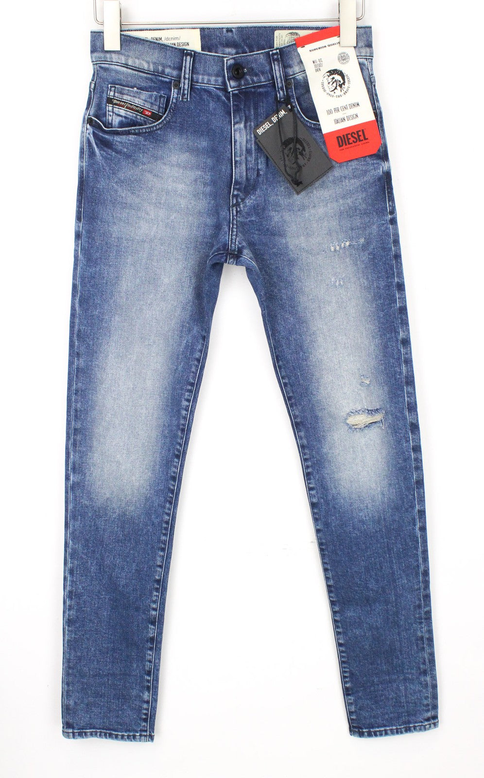 DIESEL D-Strukt 081AQ vyriški mėlyni džinsai su dirbtiniu gobtuvu, W27/L32 berniukams, siaurėjantys 