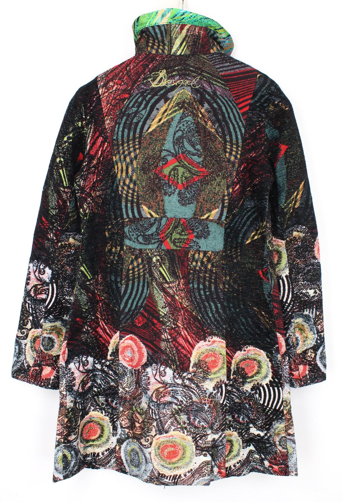 DESIGUAL Natalia Women's Black Coat EU38 Wool Mid-Length Embroidered Two-Row