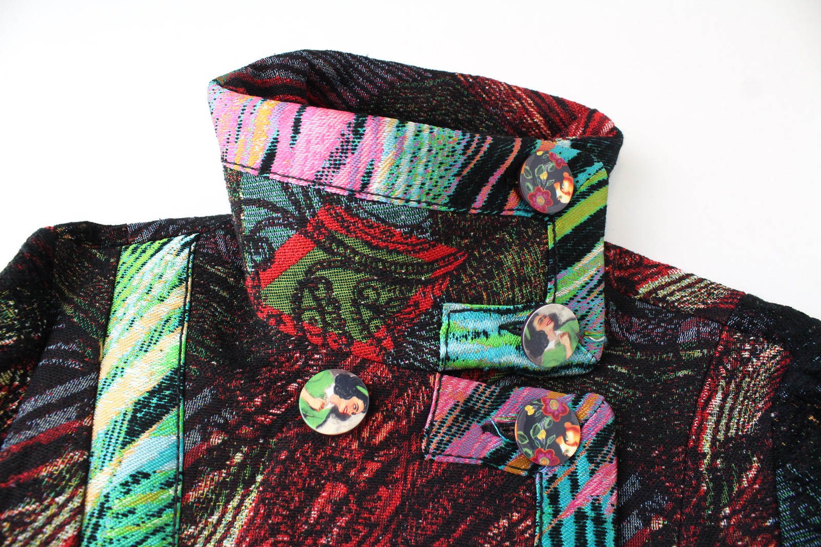 DESIGUAL Natalia Women's Black Coat EU38 Wool Mid-Length Embroidered Two-Row