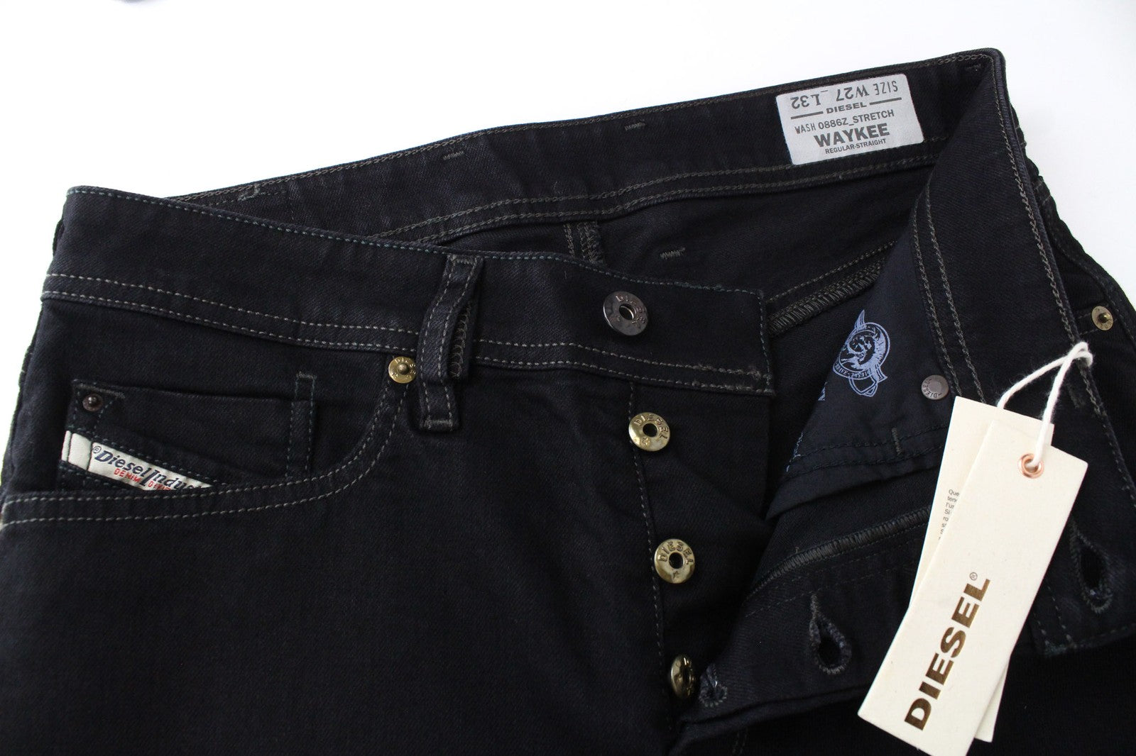 DIESEL Waykee 0886Z vyriški juodi tiesūs džinsai W27/L32 tamprūs su sagomis berniukams 