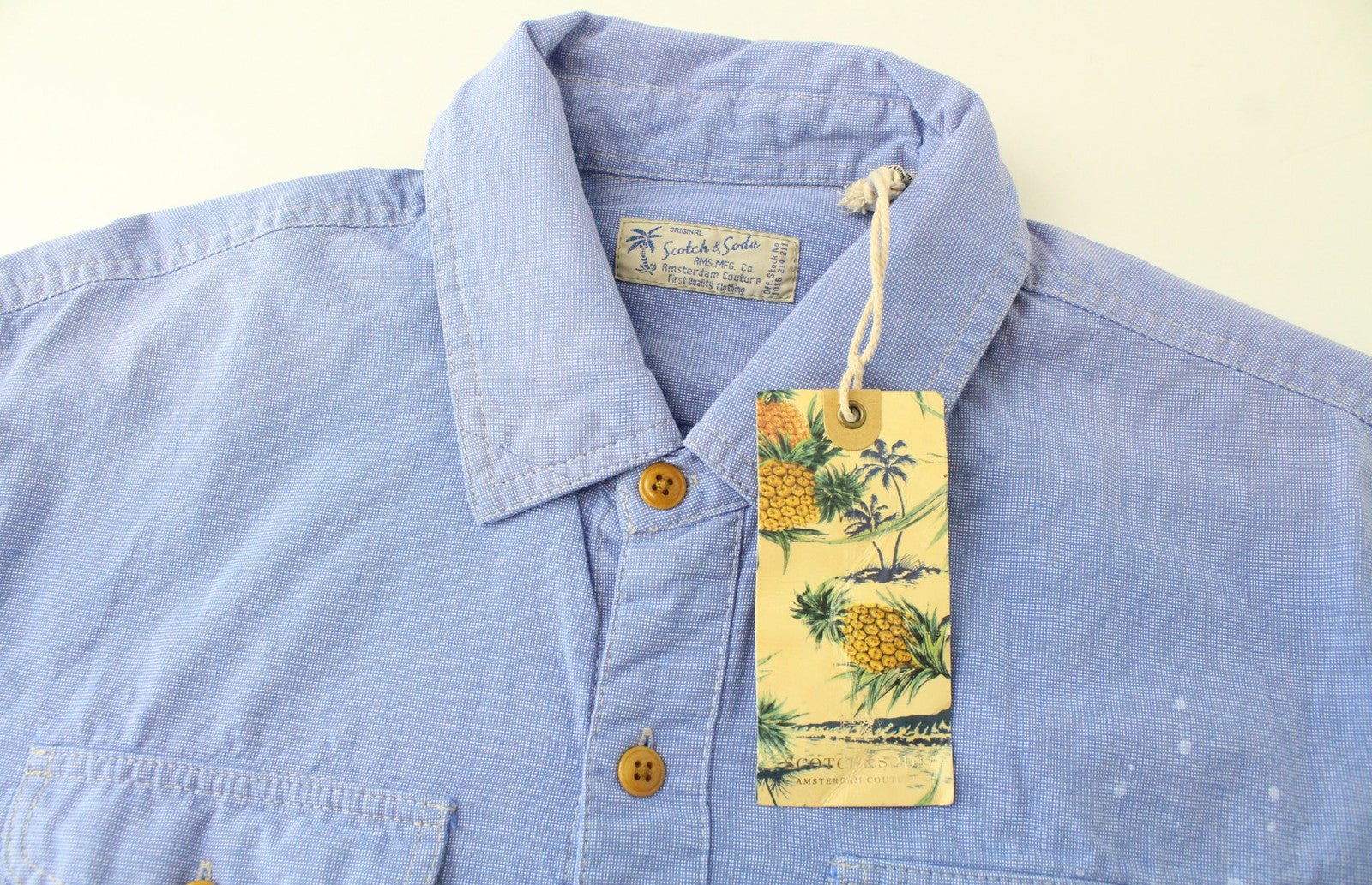 SCOTCH &amp; SODA vyriški mėlyni raštuoti melanžo medvilniniai marškiniai su dažytomis klasikinėmis sagomis M