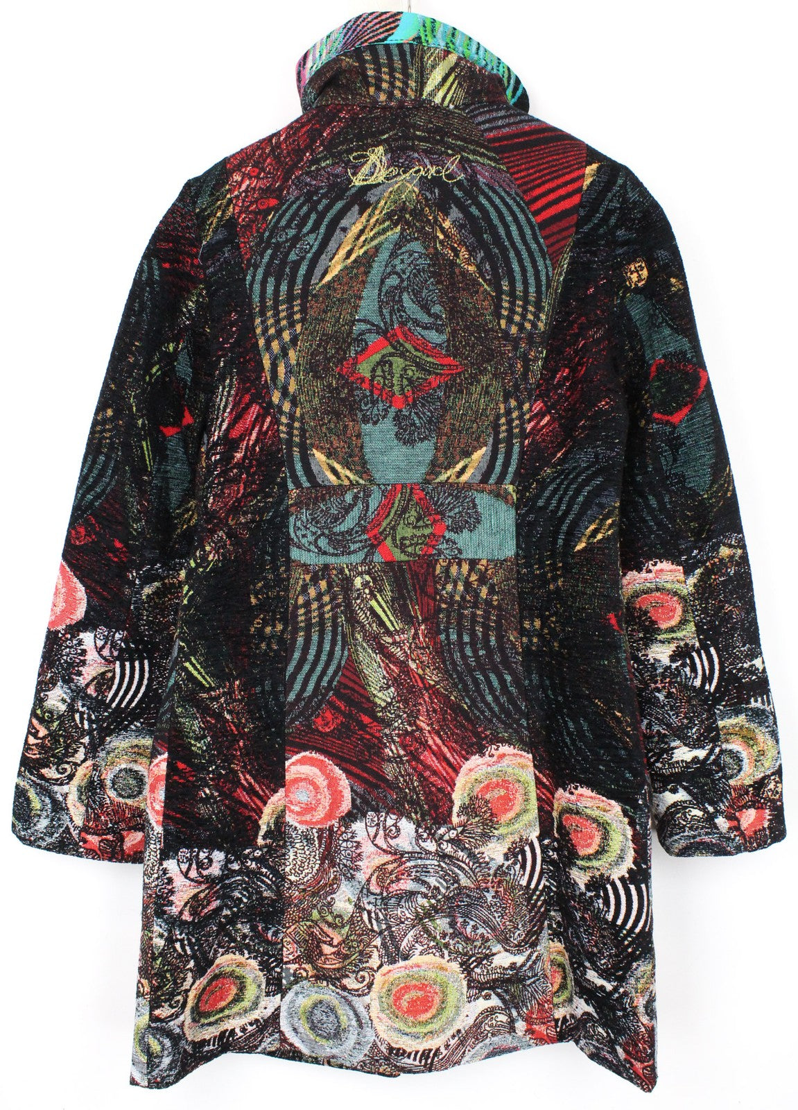 DESIGUAL Natalia moteriškas juodas vilnonis paltas, EU38, vidutinio ilgio, siuvinėtas dvigubas 