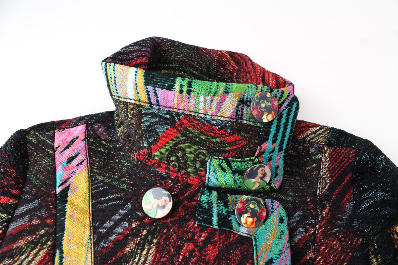 DESIGUAL Natalia moteriškas juodas vilnonis paltas, EU38, vidutinio ilgio, siuvinėtas dvigubas 