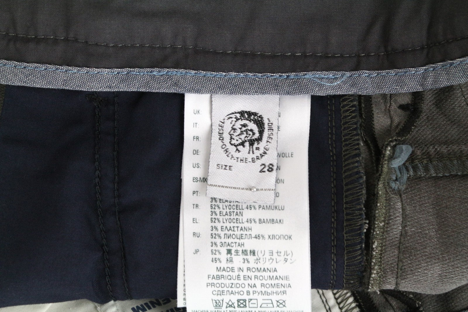 DIESEL Slim-Chino-M-NE 0685E vyriški džinsai W28 pilki sportiniai jogging džinsai su tampriu medvilniniu užtrauktuku 