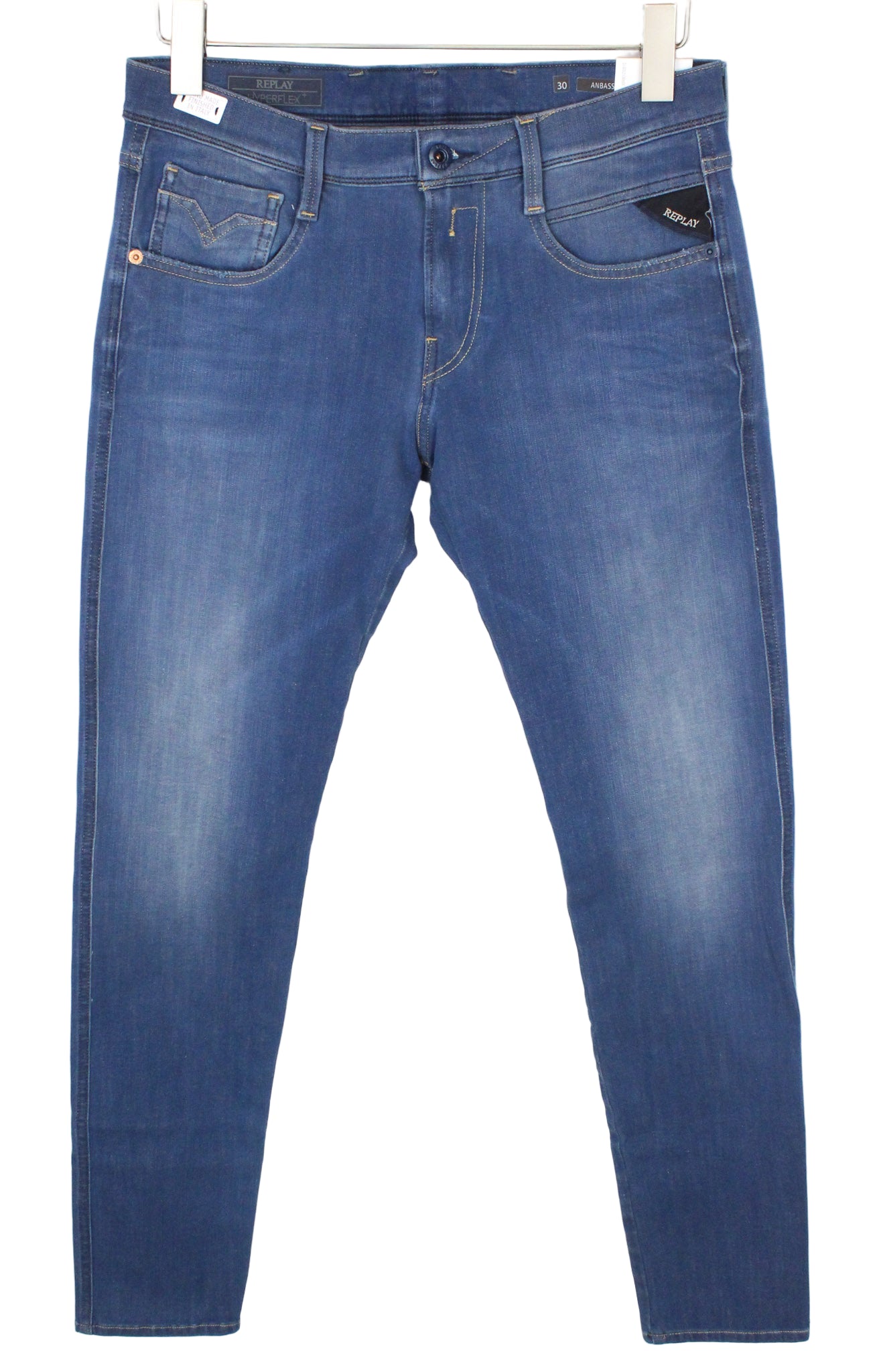 REPLAY Anbass vyriški džinsai W30/L34 mėlyni, prigludę, tamprūs, laisvalaikio, skalbti 