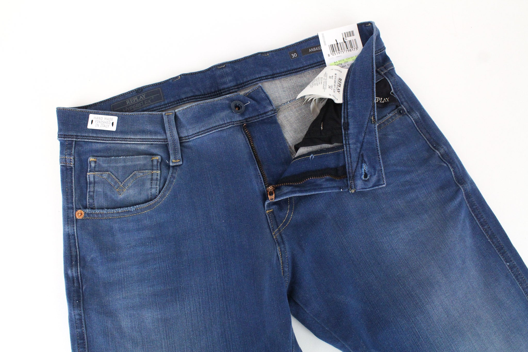 REPLAY Anbass vyriški džinsai W30/L34 mėlyni, prigludę, tamprūs, laisvalaikio, skalbti 