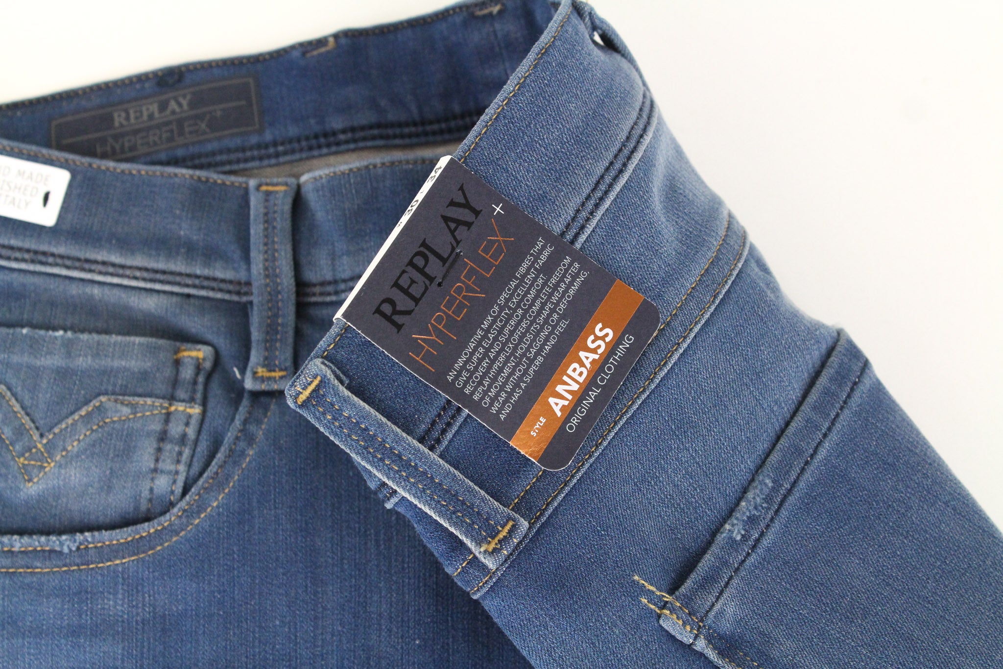 REPLAY Anbass vyriški džinsai W30/L34 mėlyni, prigludę, tamprūs, laisvalaikio, skalbti 