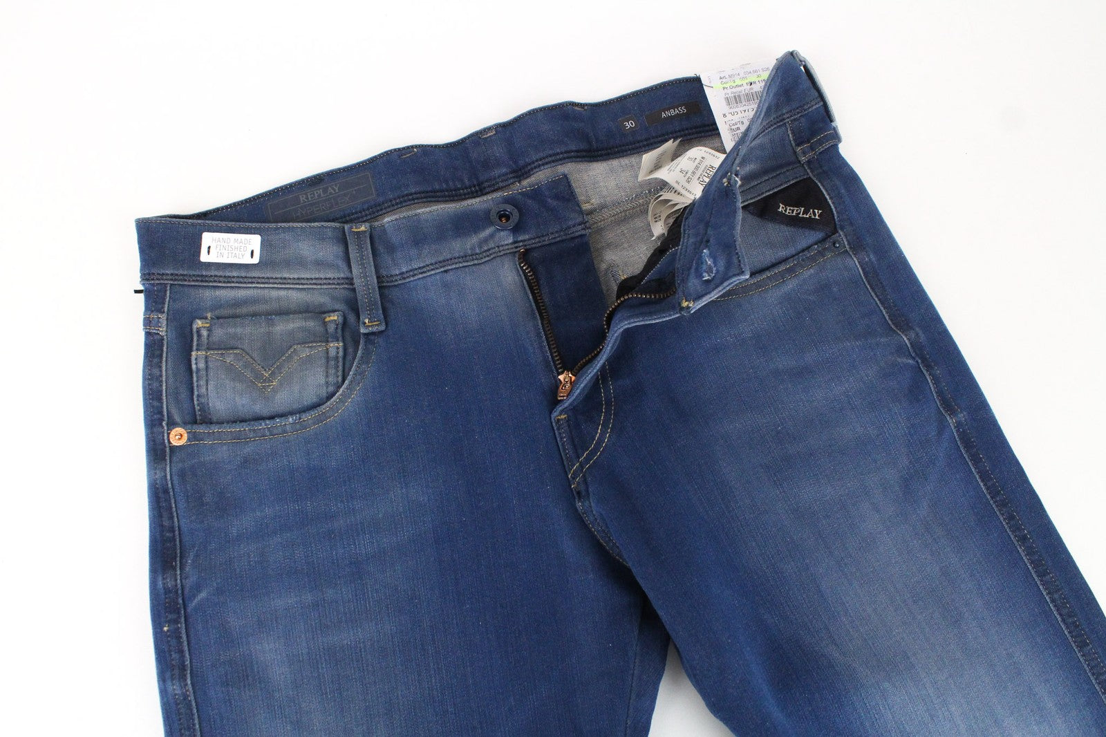 REPLAY Anbass vyriški džinsai W30/L34 mėlyni, prigludę, tamprūs, laisvalaikio stiliaus, išblukę 