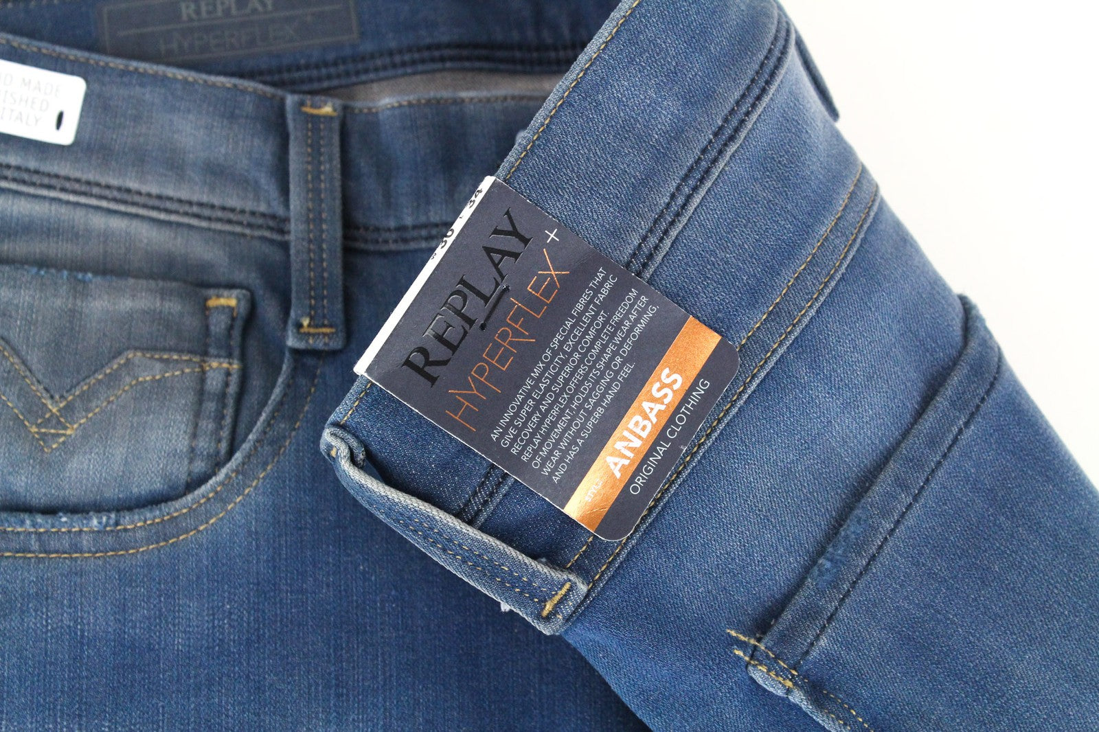 REPLAY Anbass vyriški džinsai W30/L34 mėlyni, prigludę, tamprūs, laisvalaikio stiliaus, išblukę 