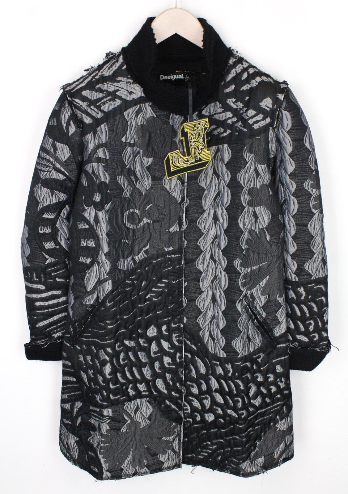 DESIGUAL moteriškas paltas, 38 pilki raštai, vienaeilis, ilgomis rankovėmis, laisvalaikio stiliaus 