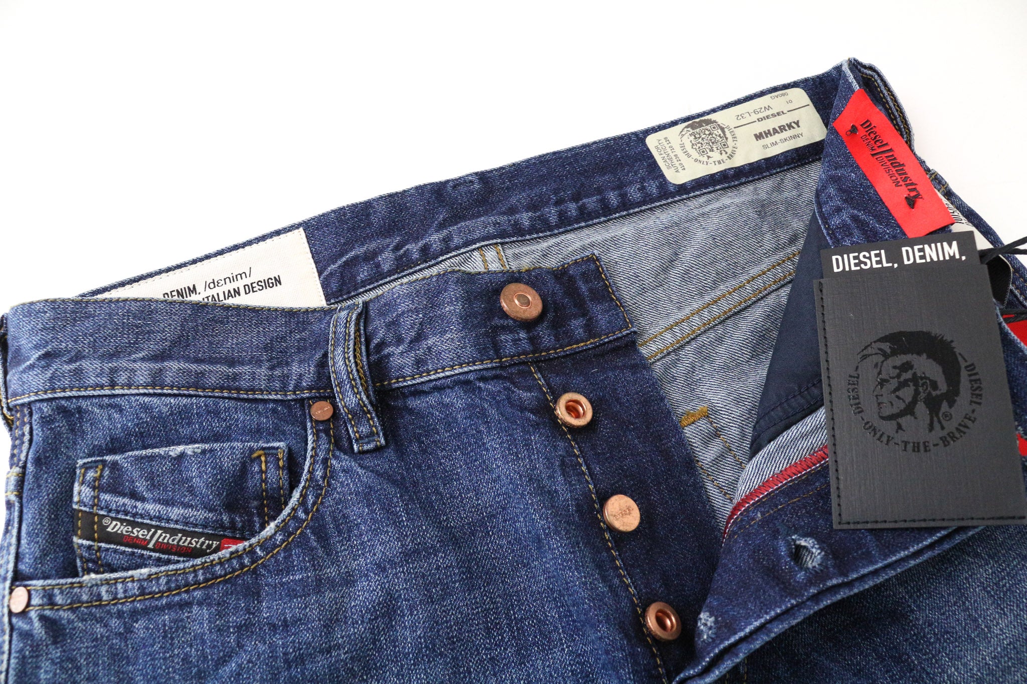 DIESEL Mharky 080AG vyriški džinsai W29/L32 Slim Skinny, dirbtinai sendinti, mėlyni, netempiami 