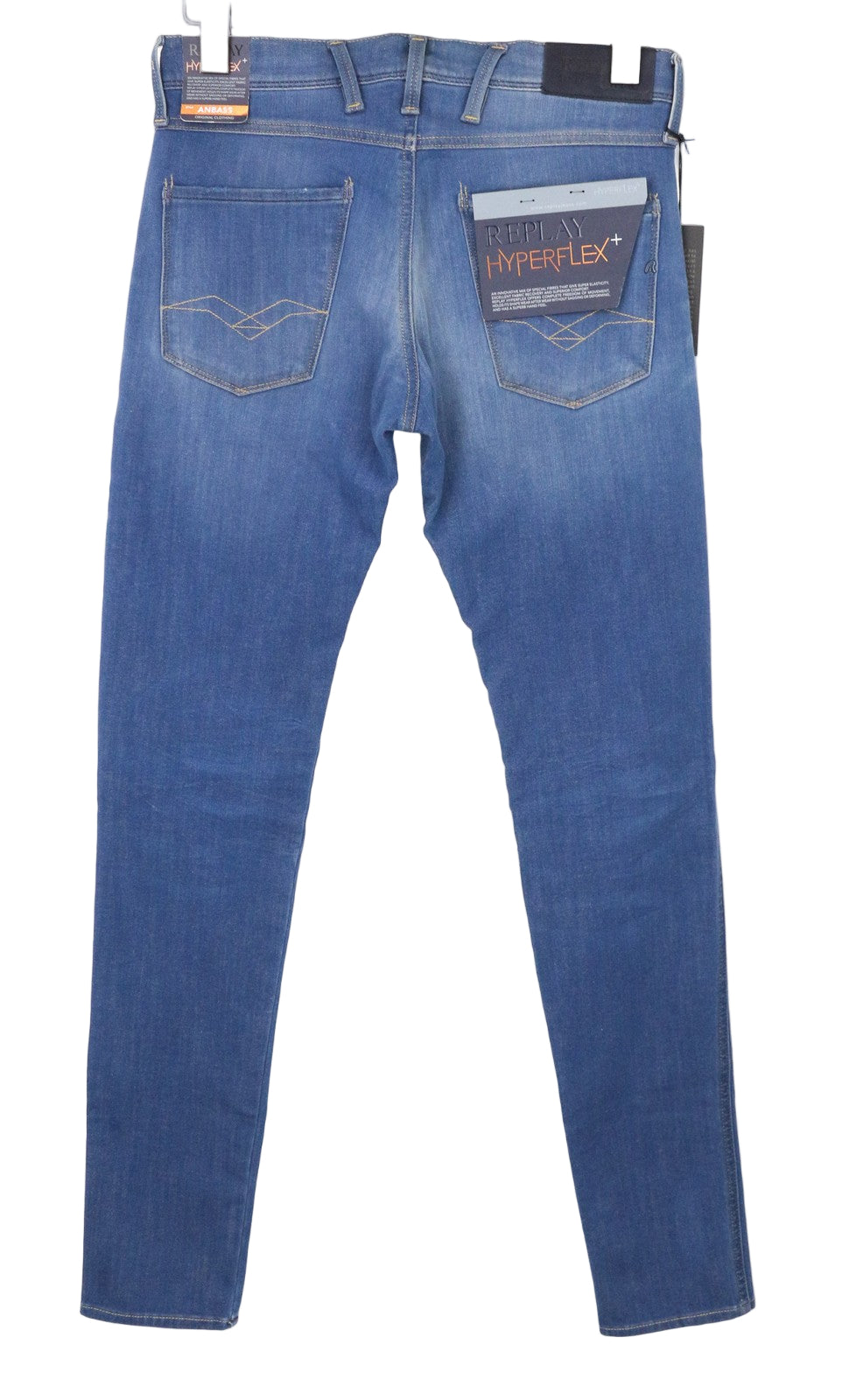 REPLAY Anbass vyriški džinsai W29/L34 vidutinio mėlynumo, ploni, „Hyperflex+“ užtrauktuku, tamprūs, džinsiniai 
