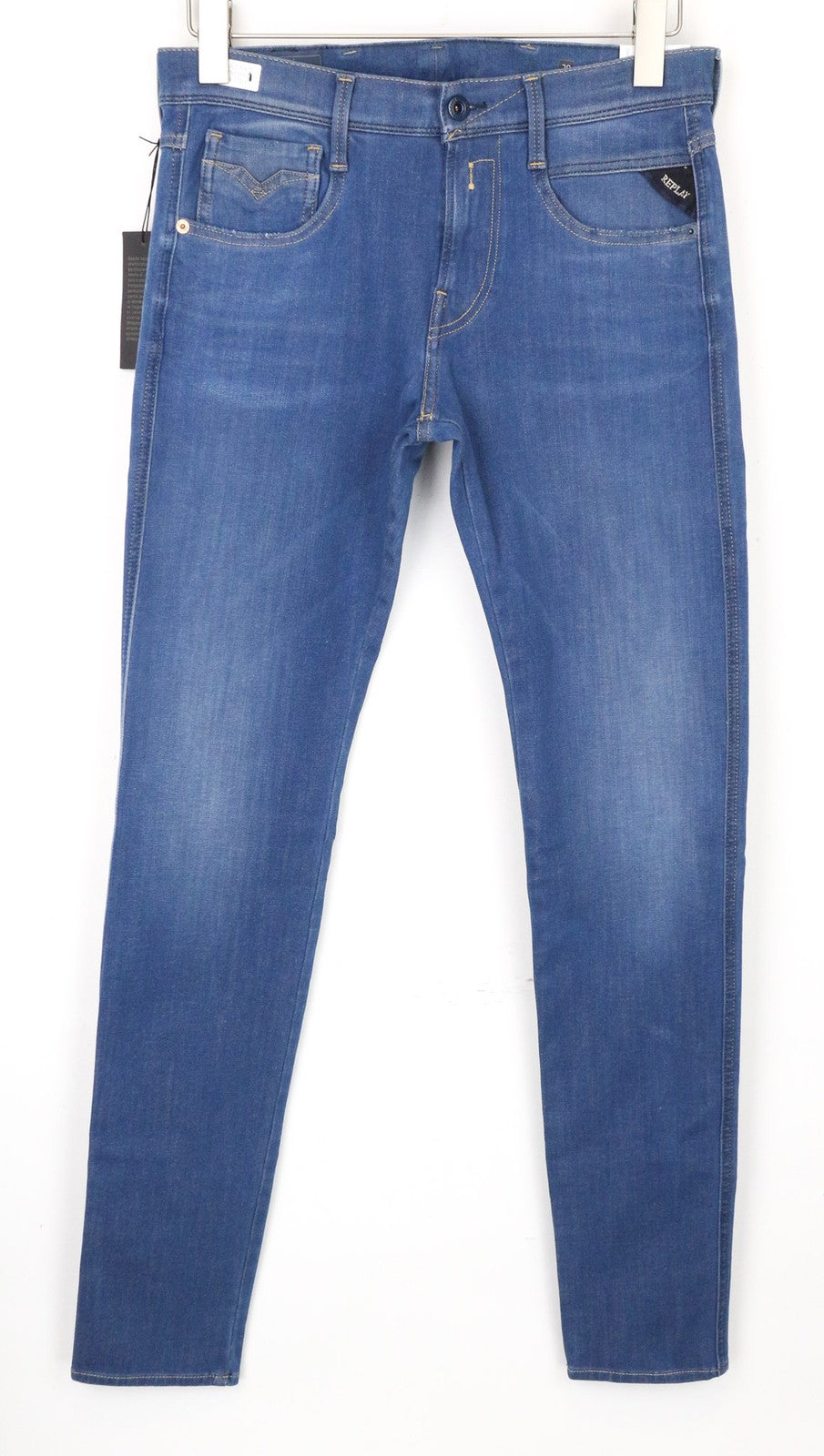 REPLAY Anbass vyriški džinsai W29/L34 vidutinio mėlynumo, ploni, „Hyperflex+“ užtrauktuku, tamprūs, džinsiniai 