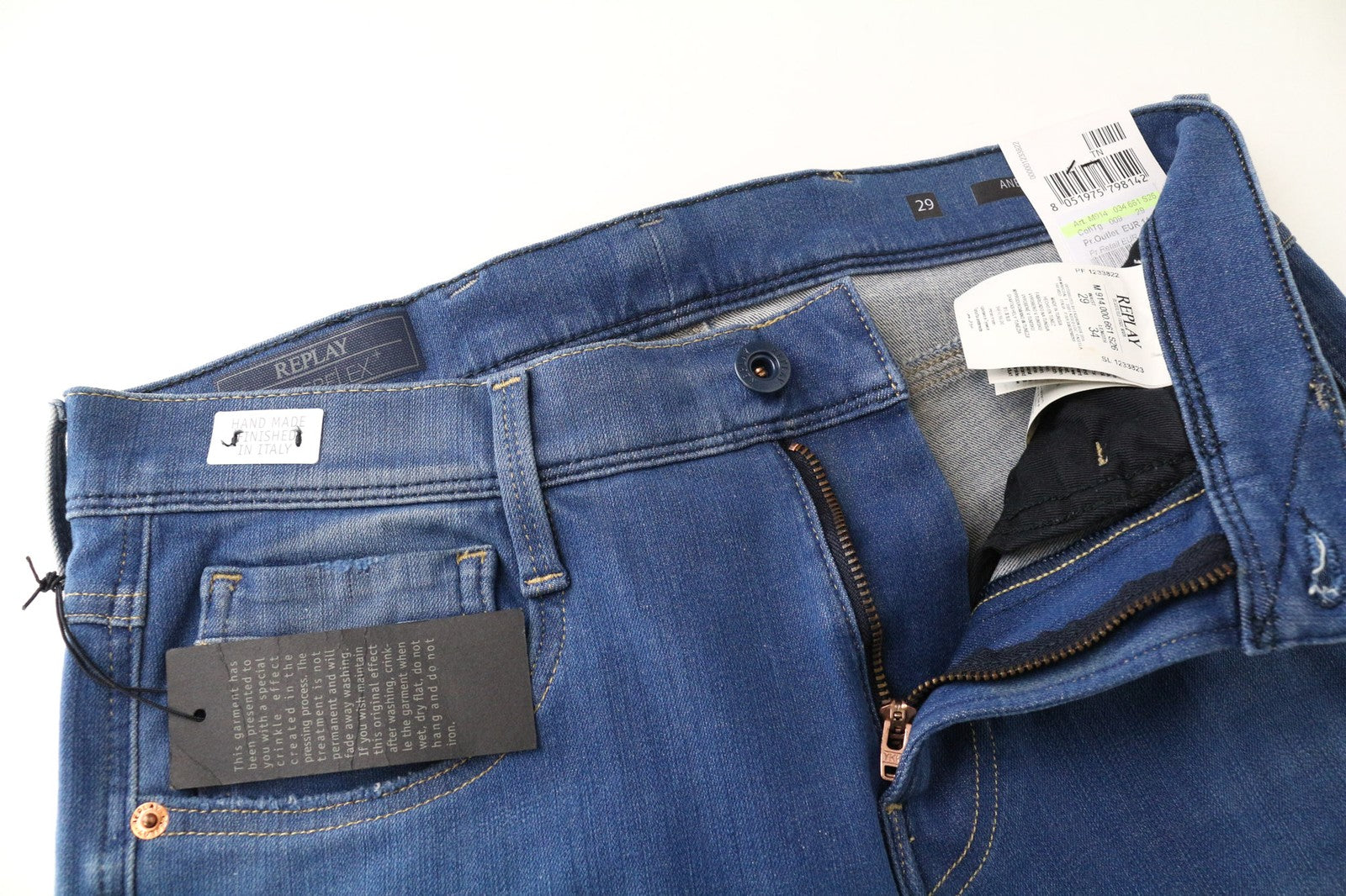 REPLAY Anbass vyriški džinsai W29/L34 vidutinio mėlynumo, ploni, „Hyperflex+“ užtrauktuku, tamprūs, džinsiniai 