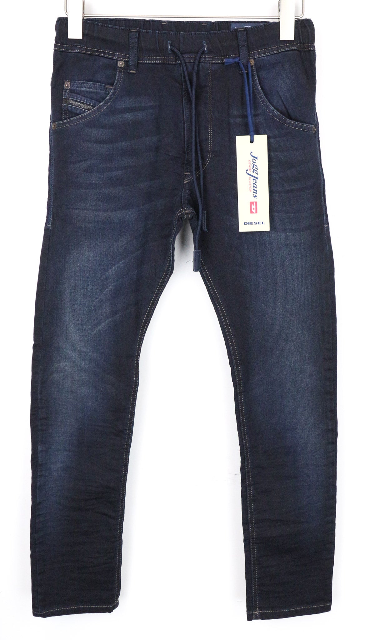 DIESEL Krooley-NE 0686F vyriški džinsai W26 berniukams mėlyni, ploni, morkų spalvos, sportiniai, tamprūs. 