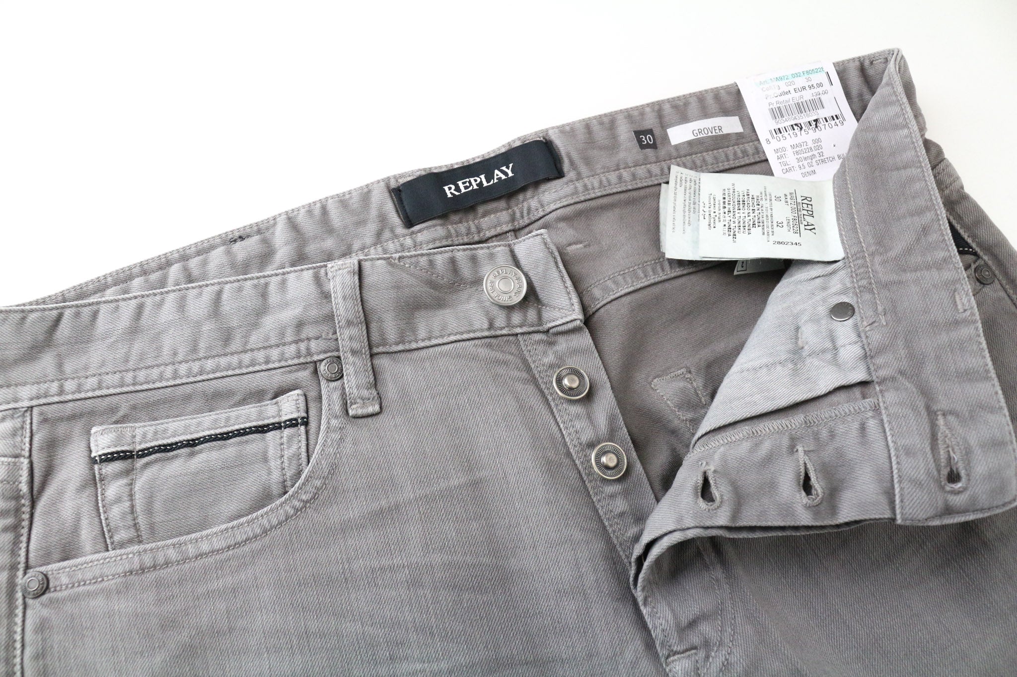 REPLAY Grover vyriški džinsai W30/L32 šviesiai pilki, ploni, tiesūs, tamprūs, džinsinio audinio 