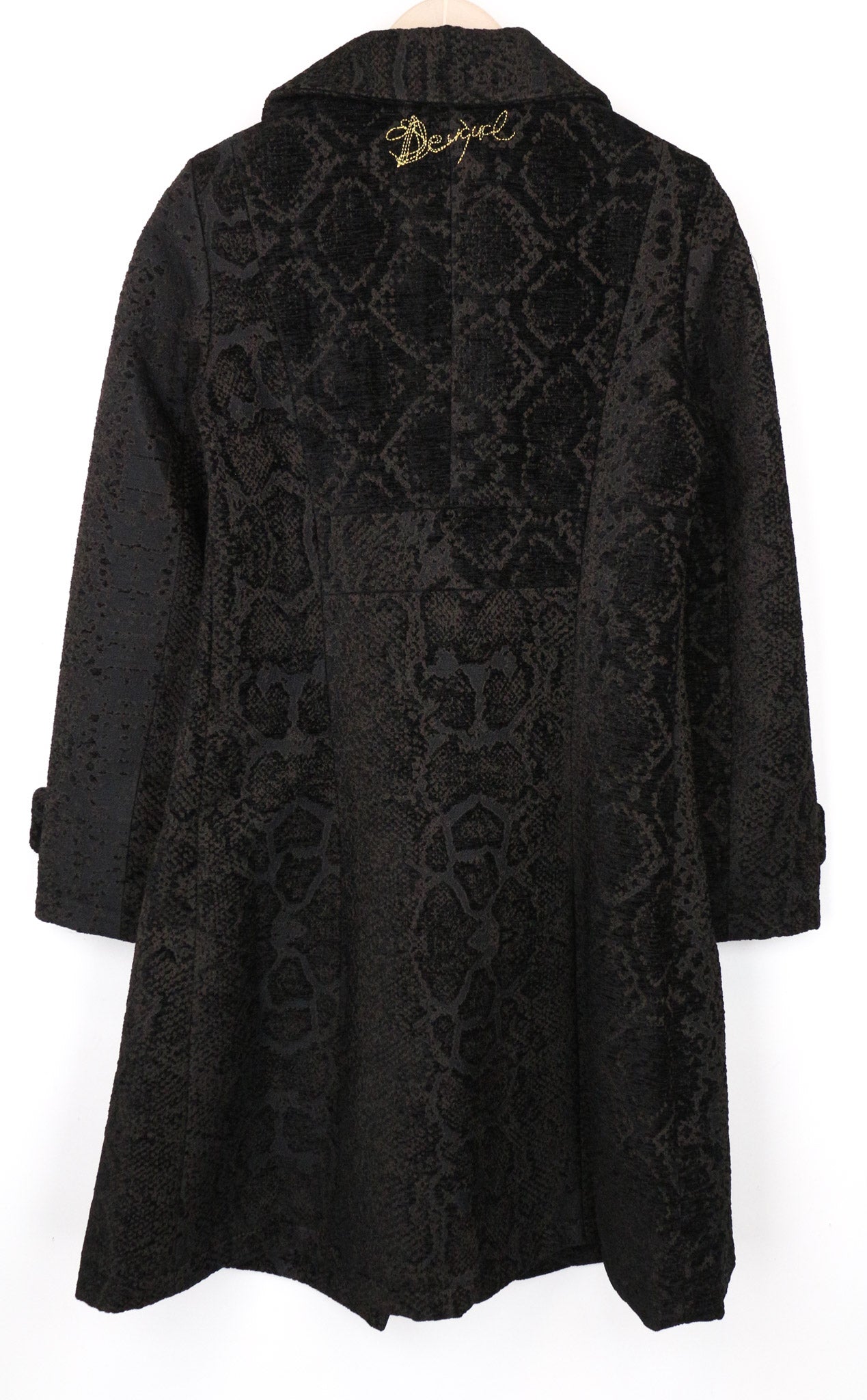 DESIGUAL Etro moteriškas paltas, EU38, vidutinio ilgio, rudas, žakardo, su gyvūnų raštu, dizaineris 