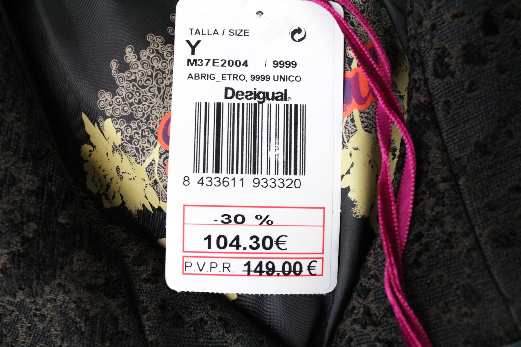 DESIGUAL Etro moteriškas paltas, EU38, vidutinio ilgio, rudas, žakardo, su gyvūnų raštu, dizaineris 