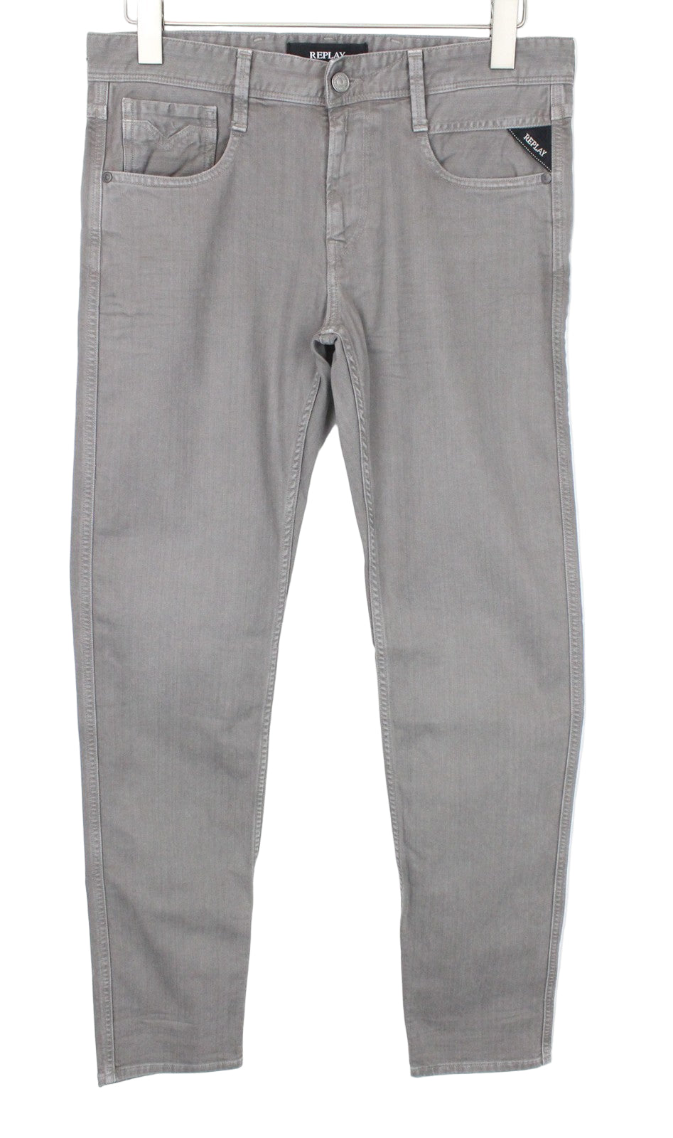 REPLAY Anbass vyriški džinsai W30/L32 vidutinio pilkumo, ploni, klasikinio tamprumo, pilko audinio 