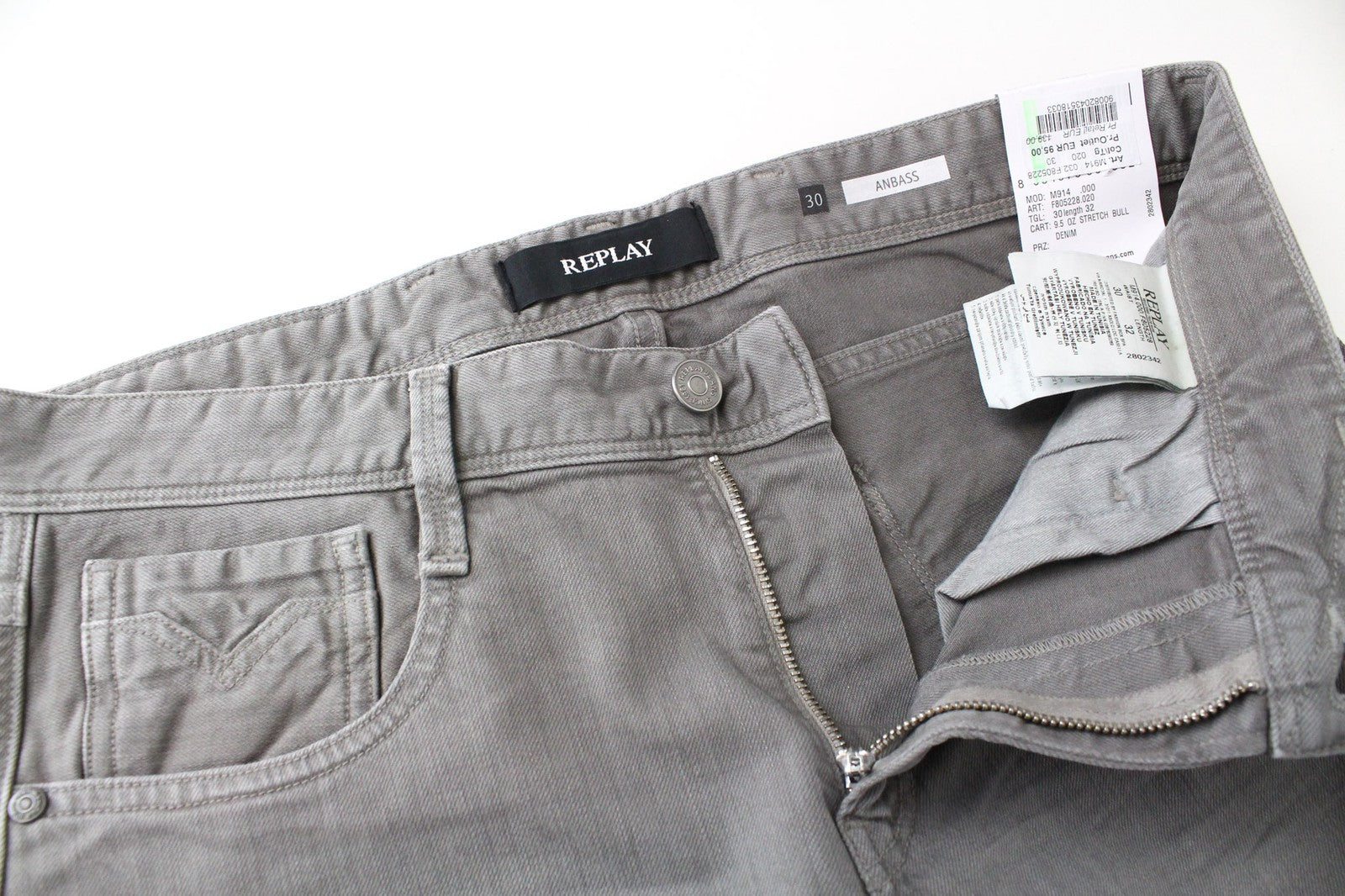 REPLAY Anbass vyriški džinsai W30/L32 vidutinio pilkumo, ploni, klasikinio tamprumo, pilko audinio 