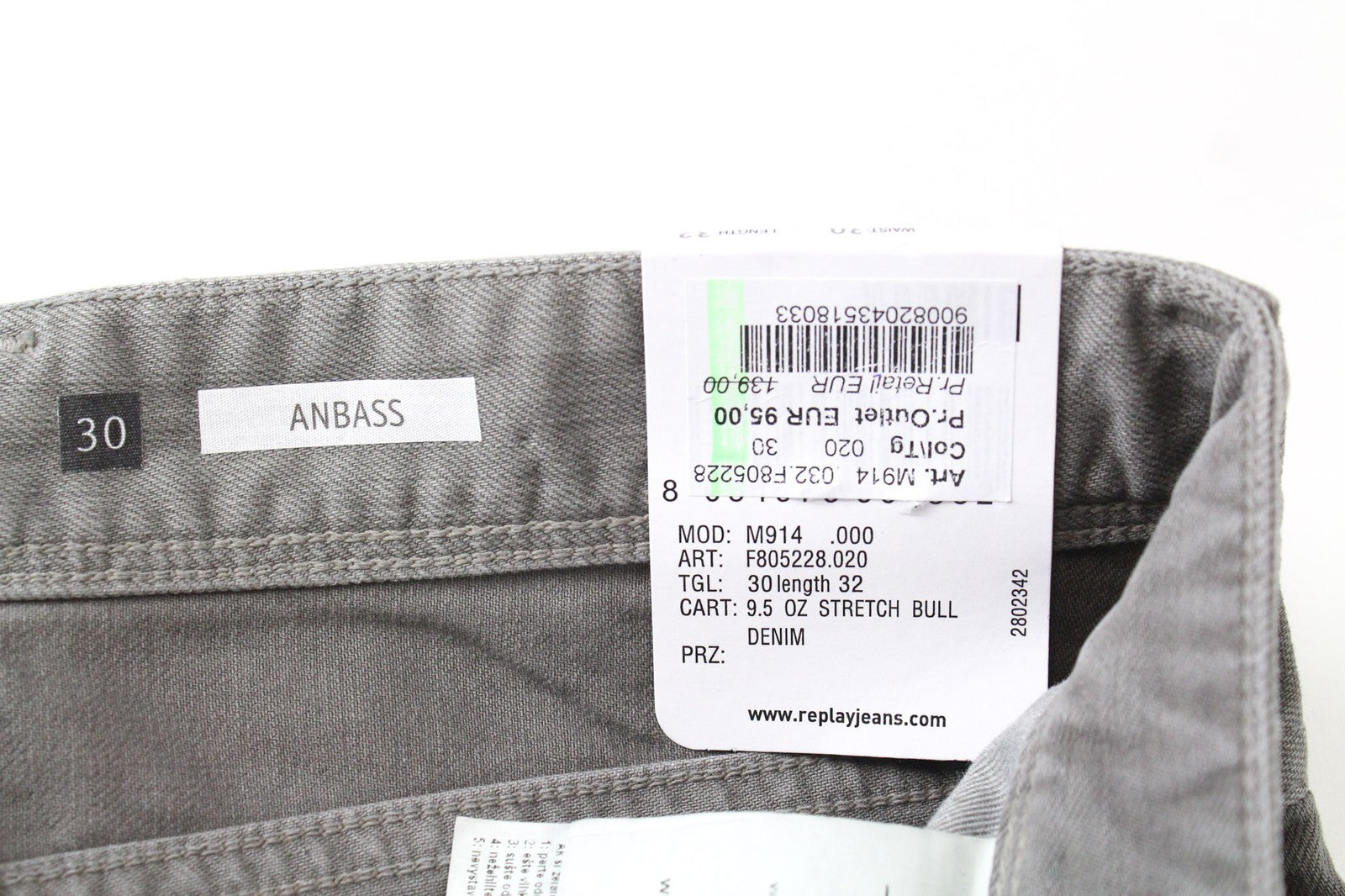 REPLAY Anbass vyriški džinsai W30/L32 vidutinio pilkumo, ploni, klasikinio tamprumo, pilko audinio 