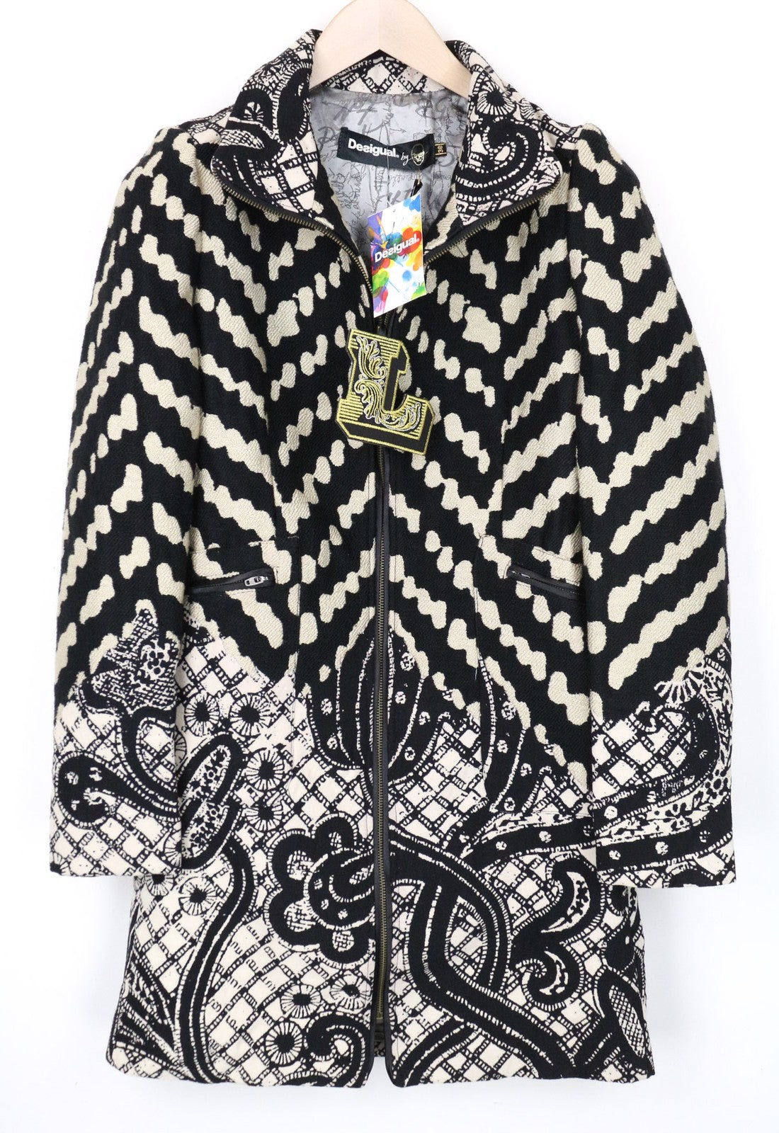 DESIGUAL Kytzia moteriškas paltas, žakardo, juodas, įvairiaspalvis, dizainerio vilnonis paltas, EU38 