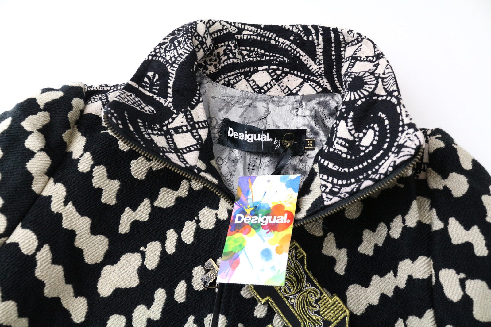 DESIGUAL Kytzia moteriškas paltas, žakardo, juodas, įvairiaspalvis, dizainerio vilnonis paltas, EU38 