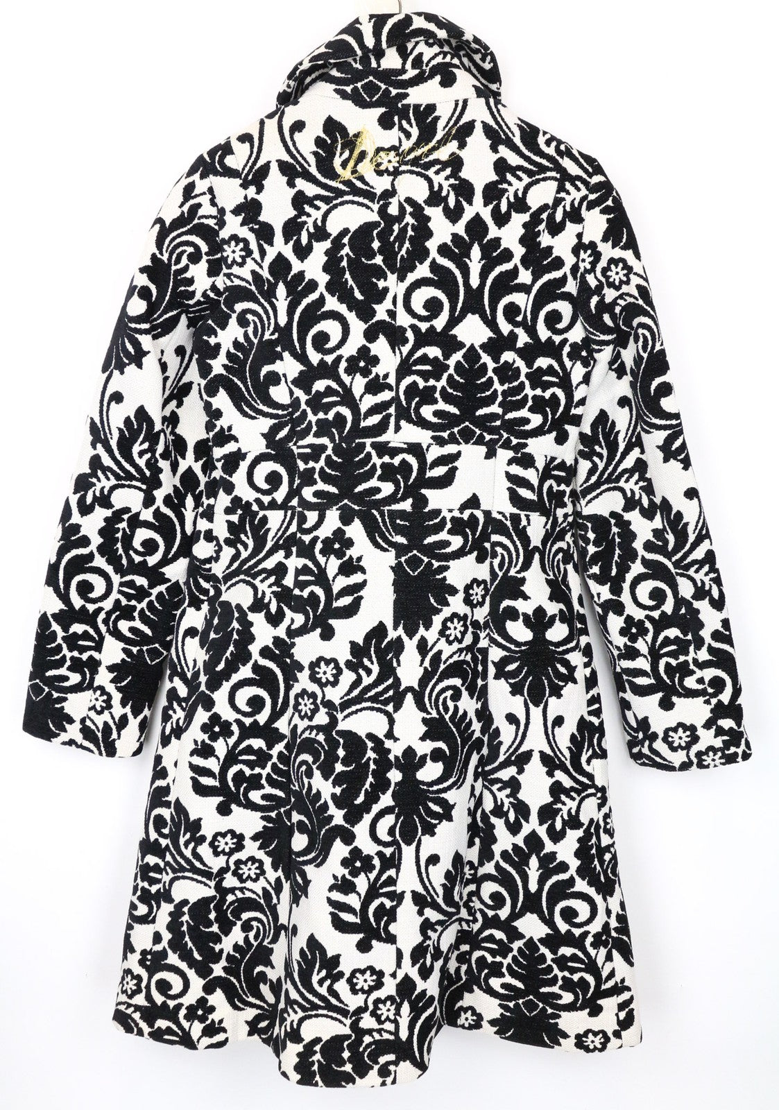 DESIGUAL baltas moteriškas paltas EU38 smėlio spalvos aksominis baroko spalvos žakardo pamušalu medvilnės mišinio 