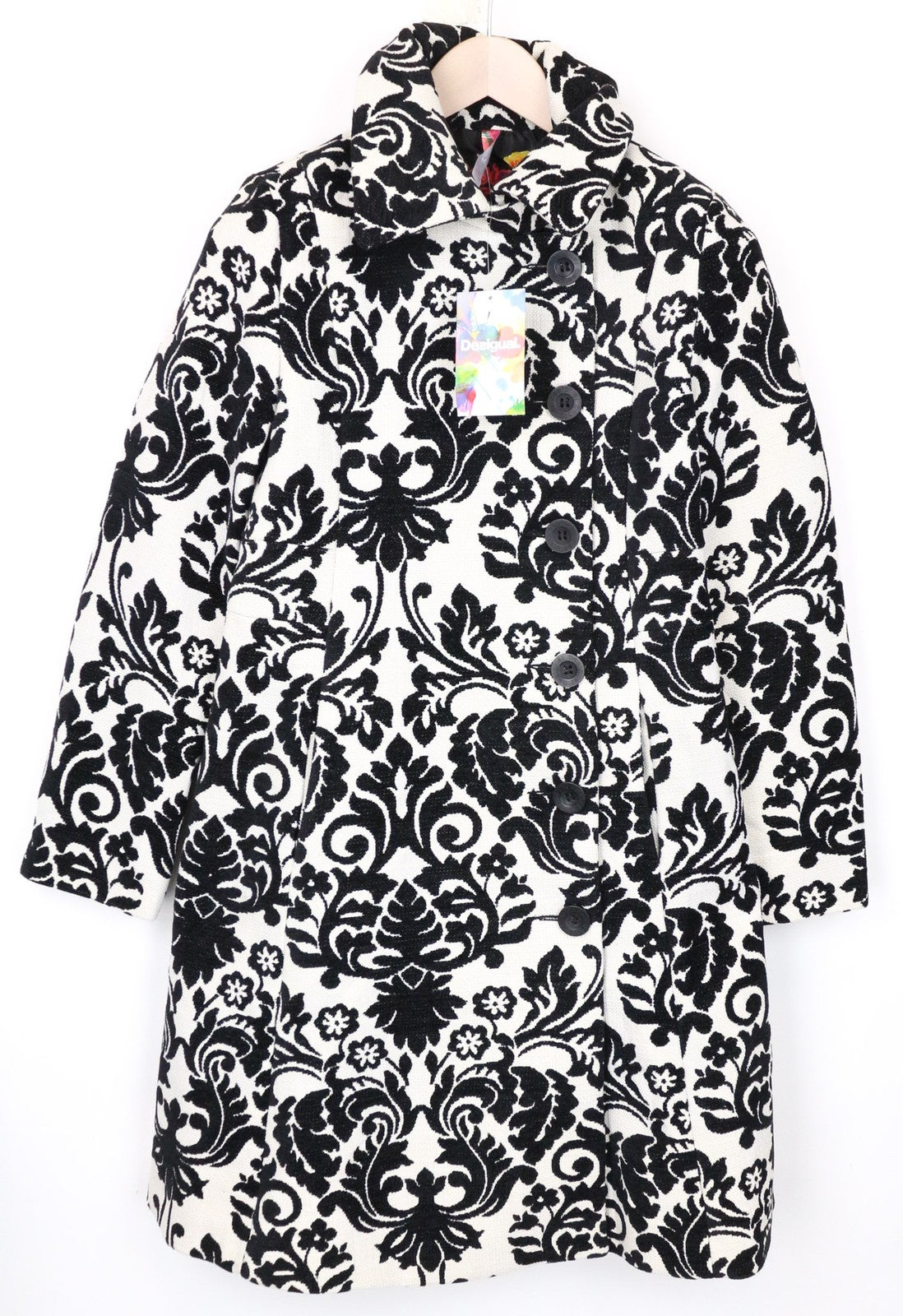 DESIGUAL baltas moteriškas paltas EU38 smėlio spalvos aksominis baroko spalvos žakardo pamušalu medvilnės mišinio 