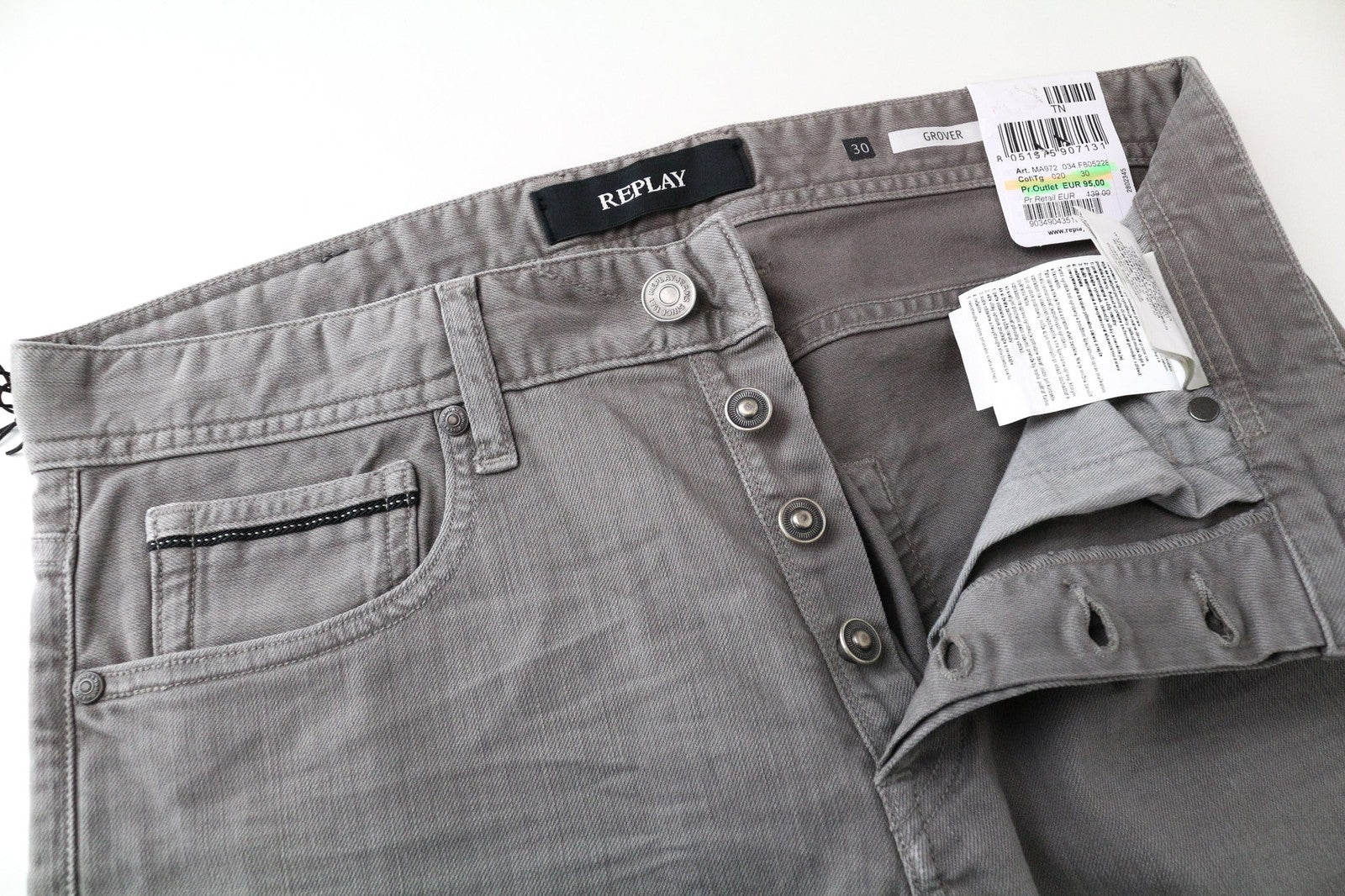 REPLAY Grover vyriški džinsai W30/L34 šviesiai pilki, ploni, tiesaus kirpimo, su sagomis 