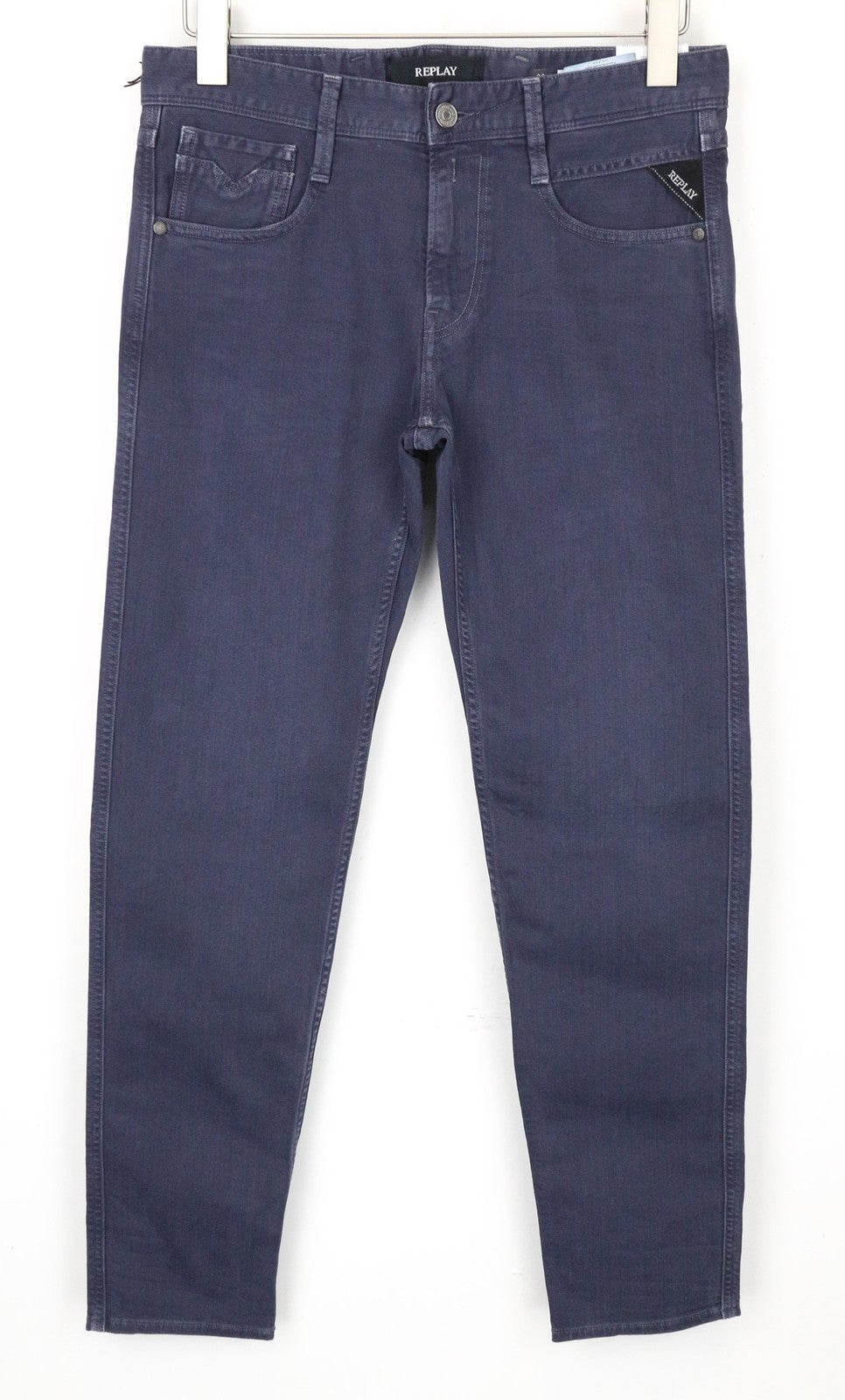 REPLAY Anbass vyriški džinsai W30/L34 violetiniai, ploni, klasikinio tamprumo, džinsinio audinio, su užtrauktuku, laisvo kirpimo 