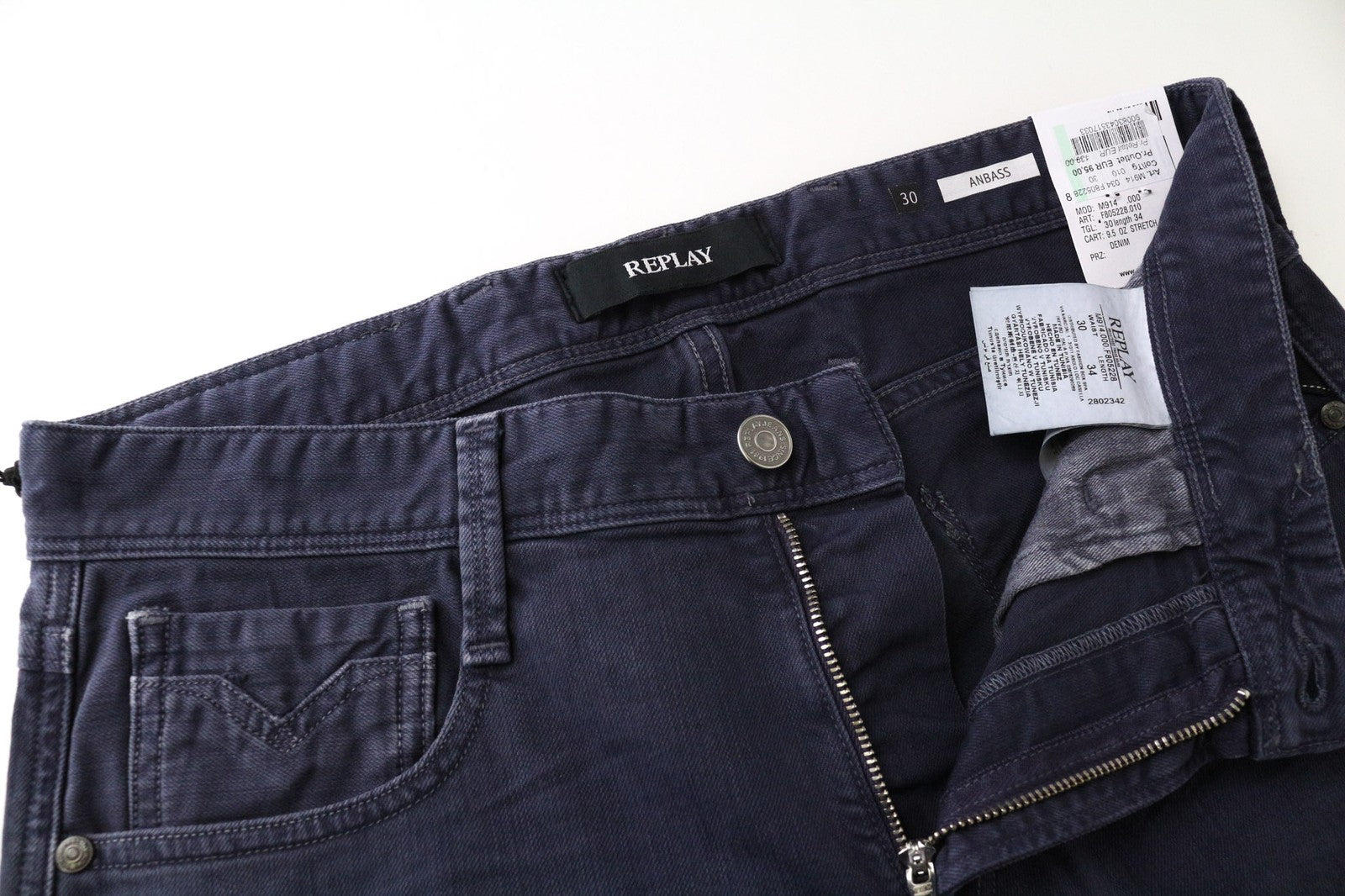 REPLAY Anbass vyriški džinsai W30/L34 violetiniai, ploni, klasikinio tamprumo, džinsinio audinio, su užtrauktuku, laisvo kirpimo 