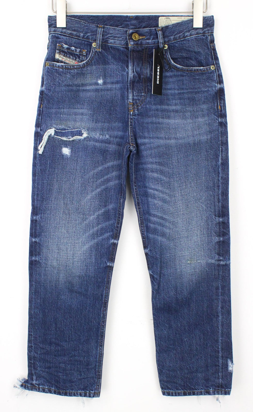 DIESEL Aryel 080AH Women's W24/L32 Jeans Straight Blue Pure Cotton Ripped Girls