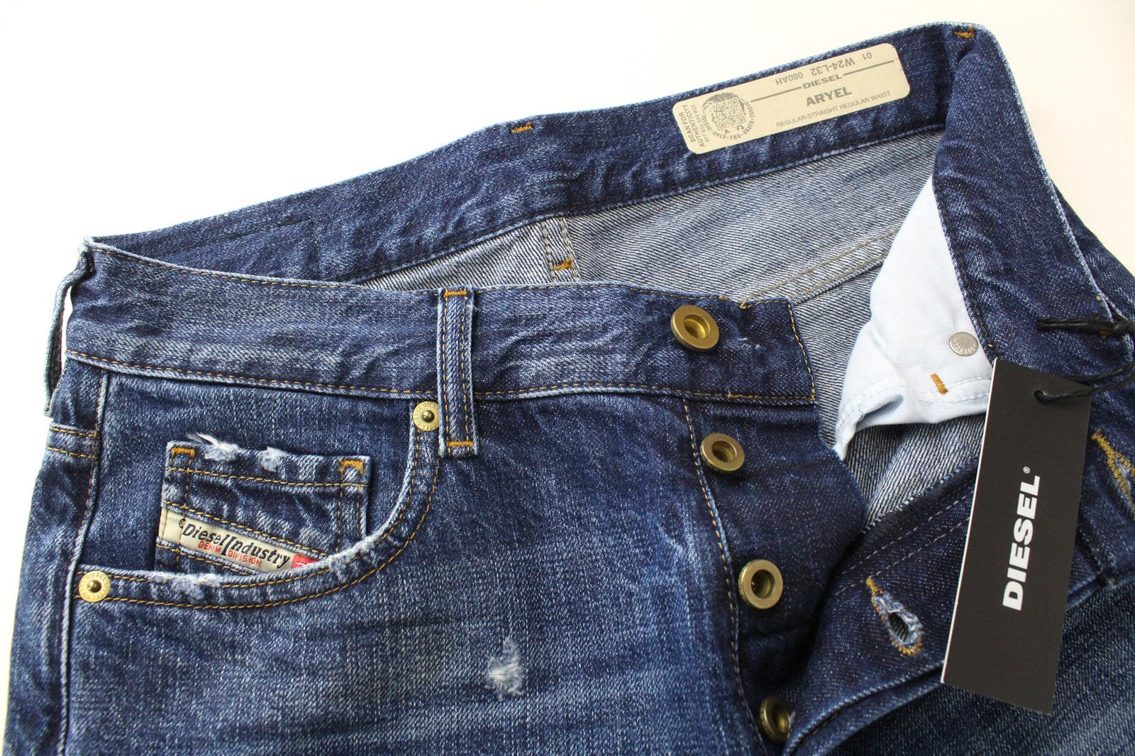 DIESEL Aryel 080AH Women's W24/L32 Jeans Straight Blue Pure Cotton Ripped Girls