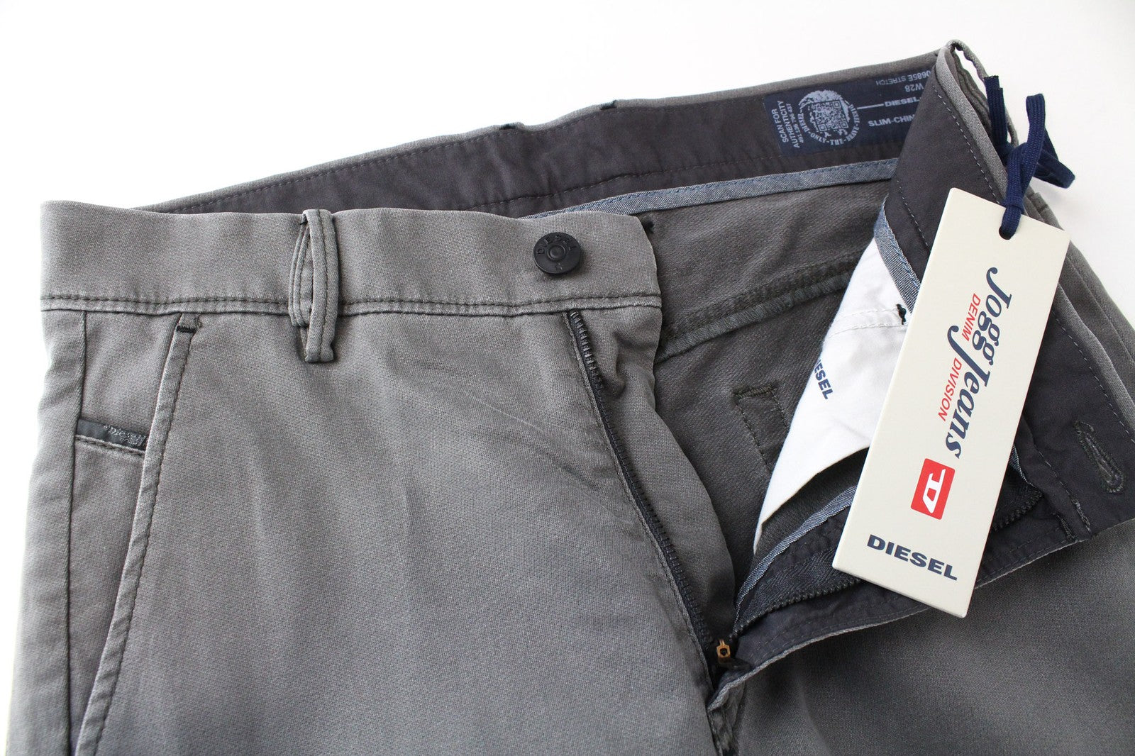 DIESEL Slim-Chino-M-NE 0685E vyriškos W28 sportinės jogg kelnės su plonu kirpimu, pilkos, tamprios 