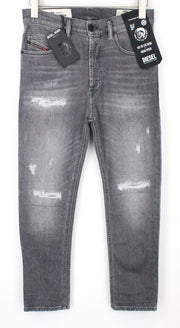 DIESEL D-Eetar 0890F vyriški W28/L30 džinsai su plėšytomis juostelėmis, pilki, tamprūs, siaurėjantys medvilniniai džinsai 