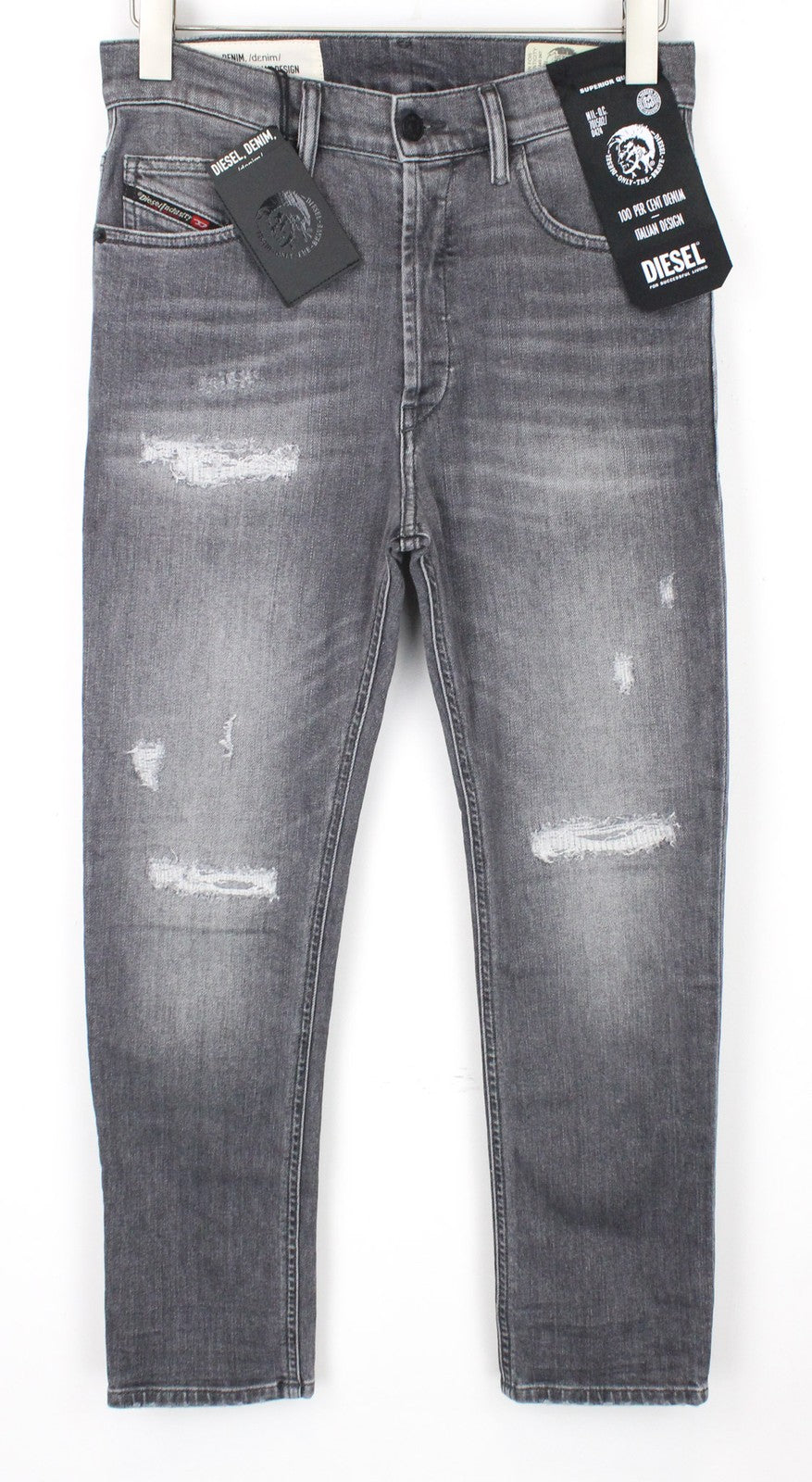 DIESEL D-Eetar 0890F vyriški W28/L30 džinsai su plėšytomis juostelėmis, pilki, tamprūs, siaurėjantys medvilniniai džinsai 