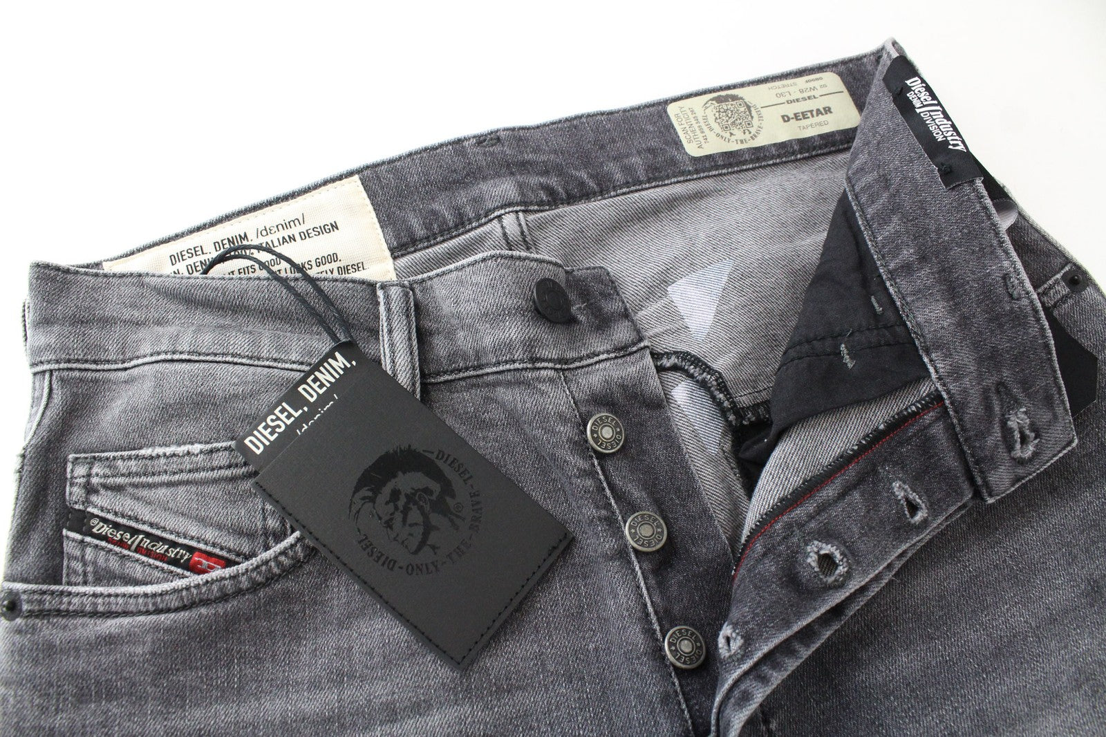 DIESEL D-Eetar 0890F vyriški W28/L30 džinsai su plėšytomis juostelėmis, pilki, tamprūs, siaurėjantys medvilniniai džinsai 