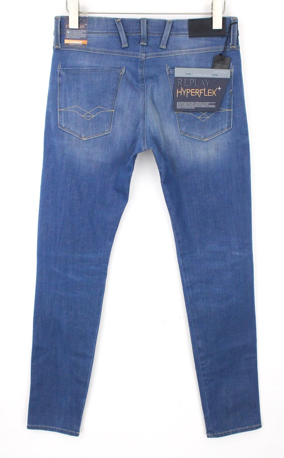 REPLAY Anbass vyriški W30/L32 džinsai, prigludę, su 5 kišenėmis, tamprūs, mėlyni, skalbtos medvilnės 