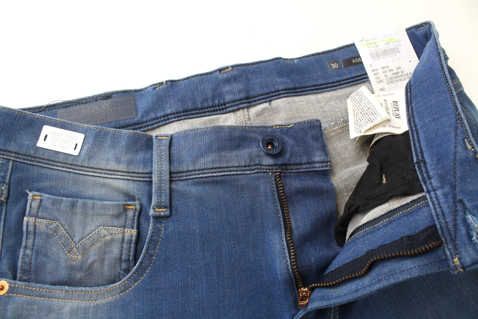 REPLAY Anbass vyriški W30/L32 džinsai, prigludę, su 5 kišenėmis, tamprūs, mėlyni, skalbtos medvilnės 