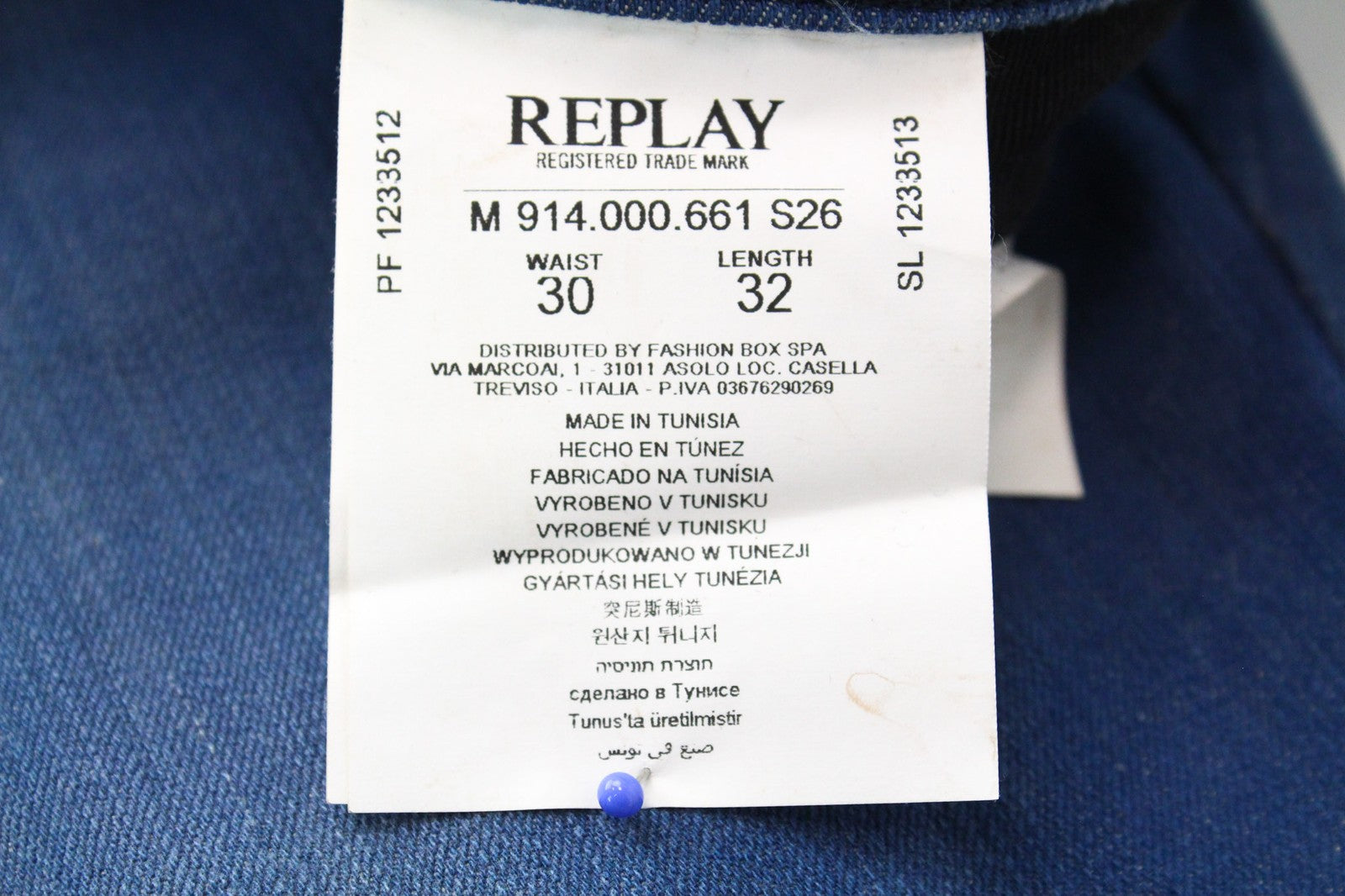 REPLAY Anbass vyriški W30/L32 džinsai, prigludę, su 5 kišenėmis, tamprūs, mėlyni, skalbtos medvilnės 