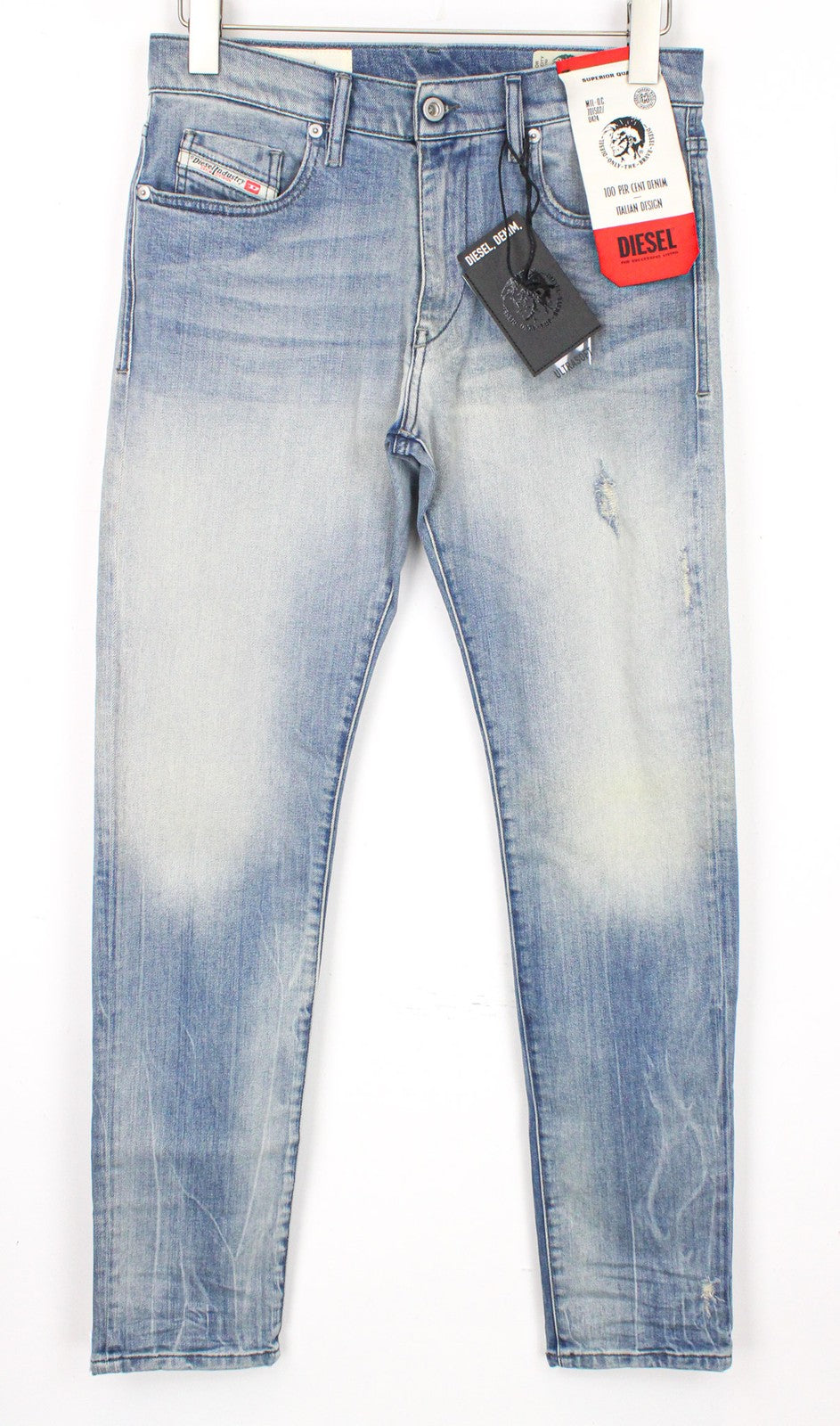 DIESEL D-Strukt 081AP vyriški W29/L32 džinsai su apnašomis, siaurėjančiu kirpimu, tamprūs, mėlyni 