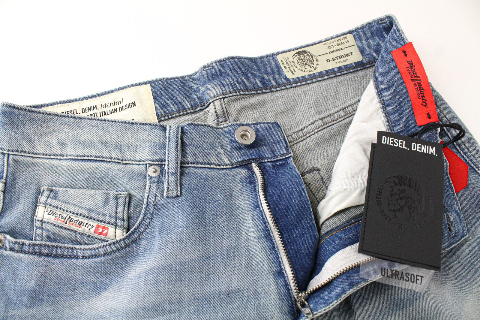 DIESEL D-Strukt 081AP vyriški W29/L32 džinsai su apnašomis, siaurėjančiu kirpimu, tamprūs, mėlyni 